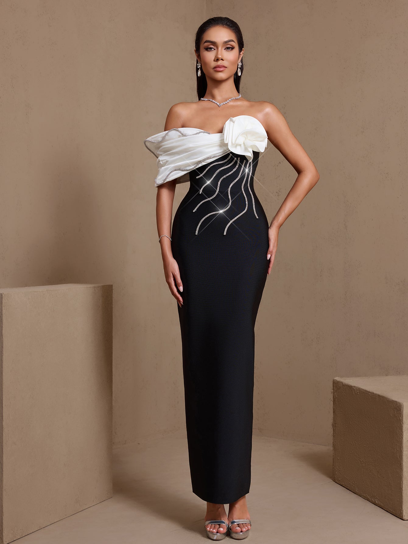 Crystal rosette off-shoulder bandage maxi dress, front view