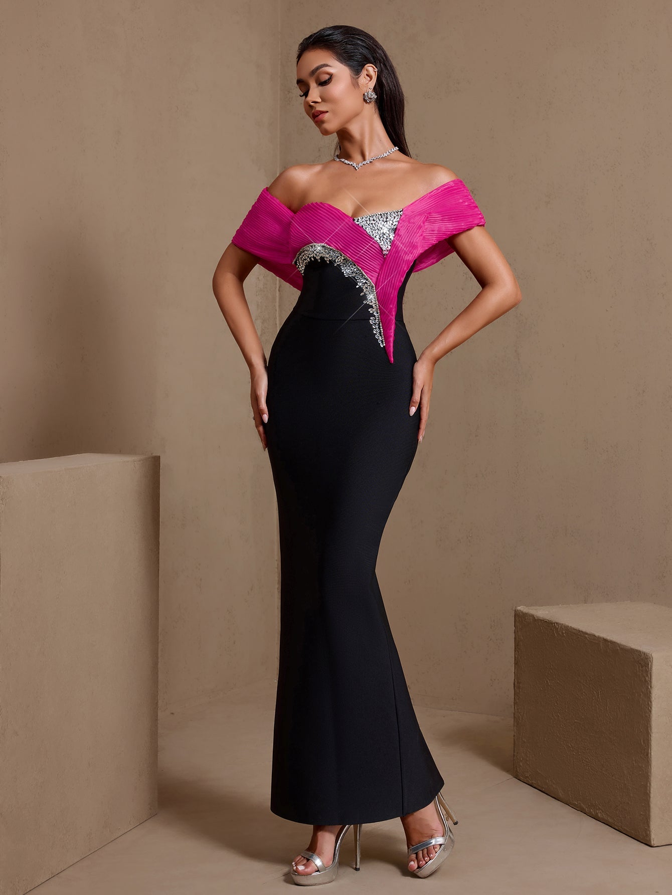 Black crystal ruffle off-shoulder bandage maxi dress, full-length front view
