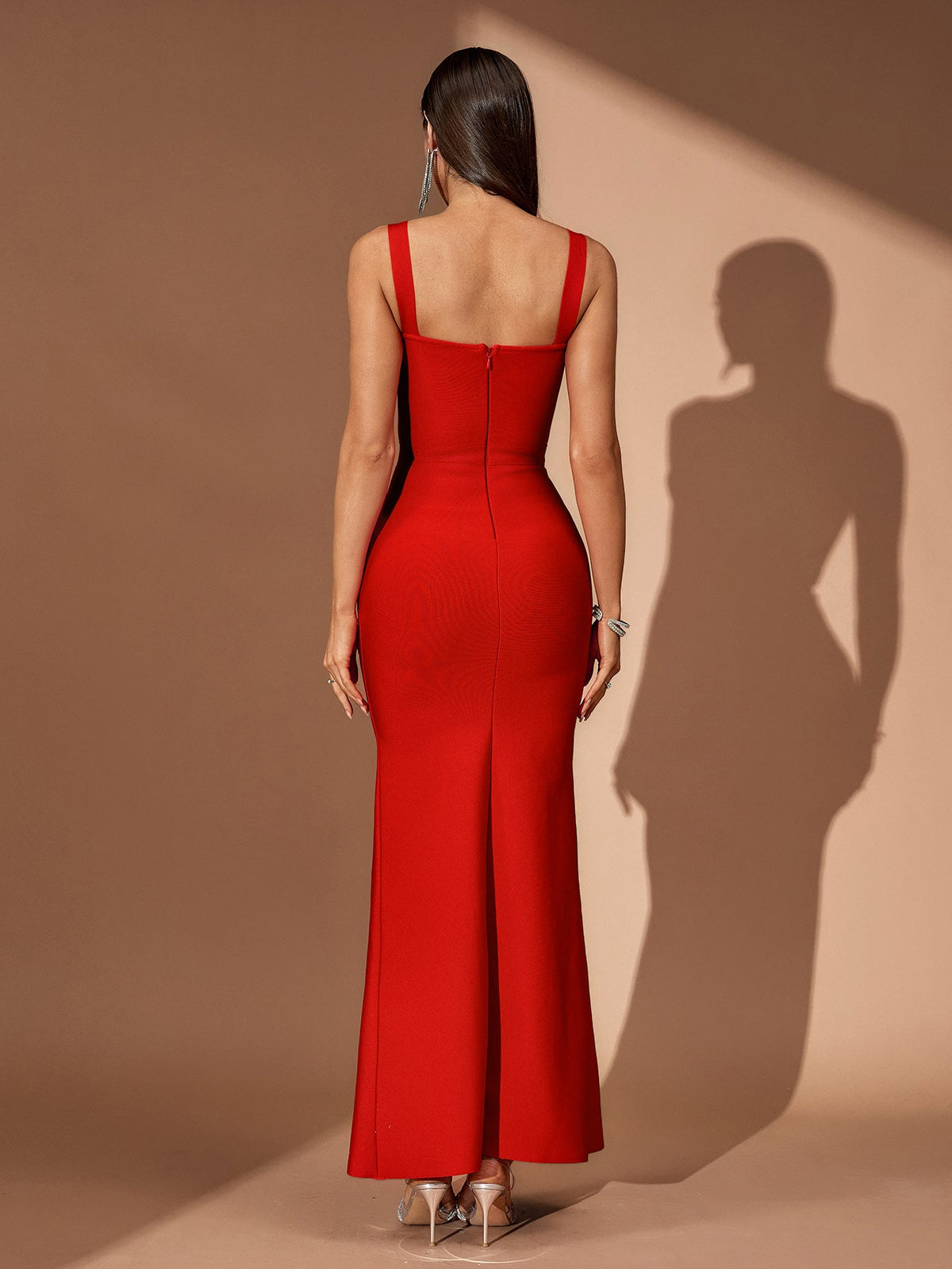 Crystal Strappy High-Slit Bandage Maxi Dress, back view