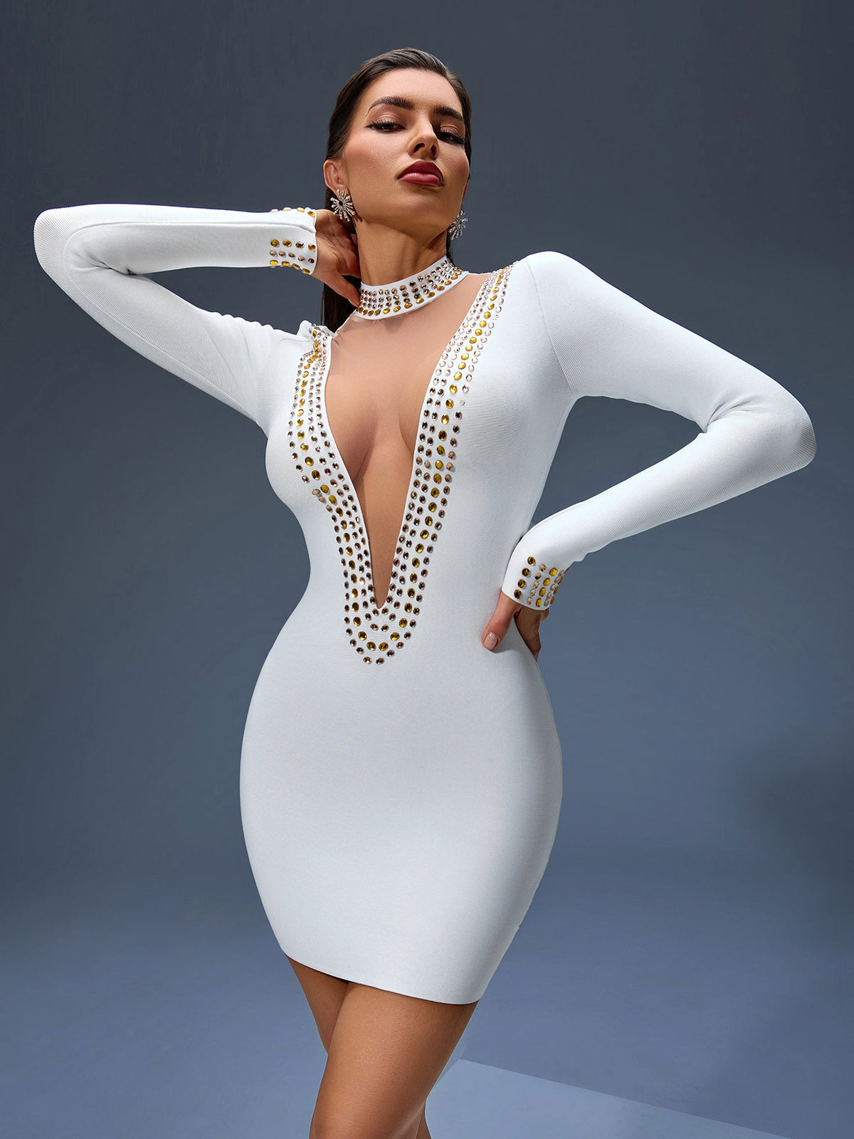 Deep V-Neck Mesh Bandage Mini Dress, back view