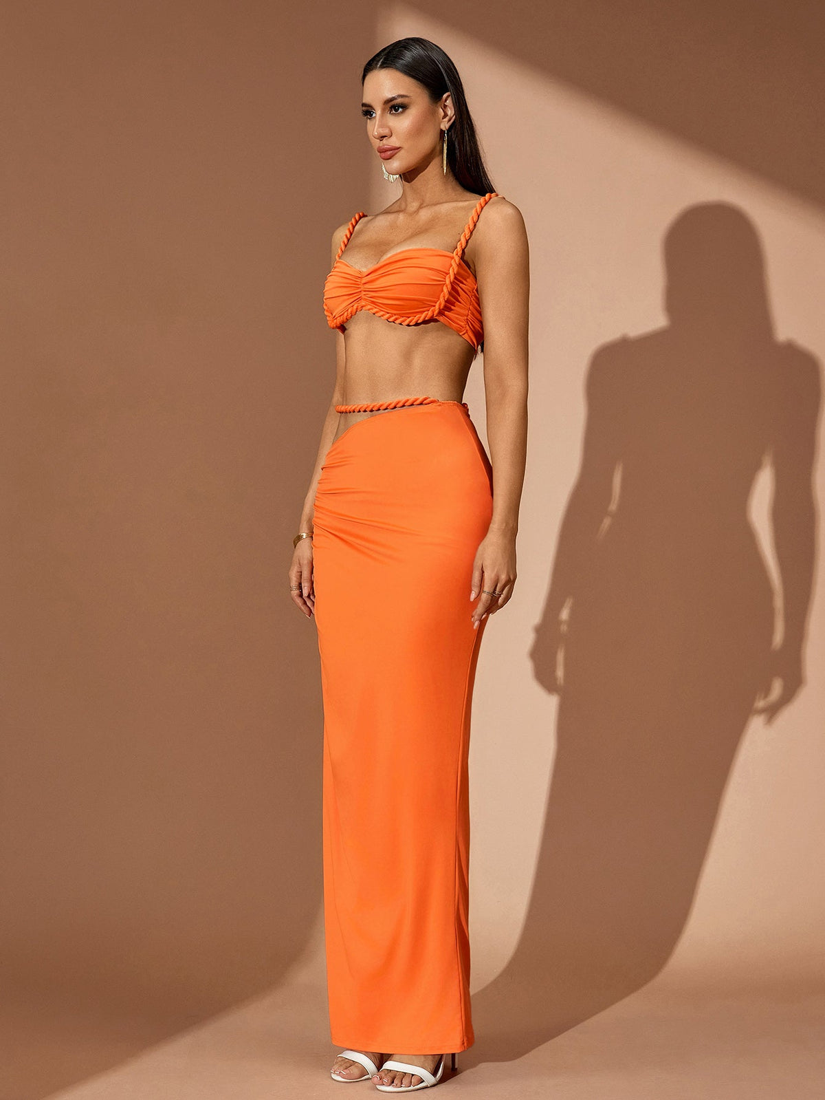 Draped Crop Top High-Slit Maxi Skirt Set, full-length styling view