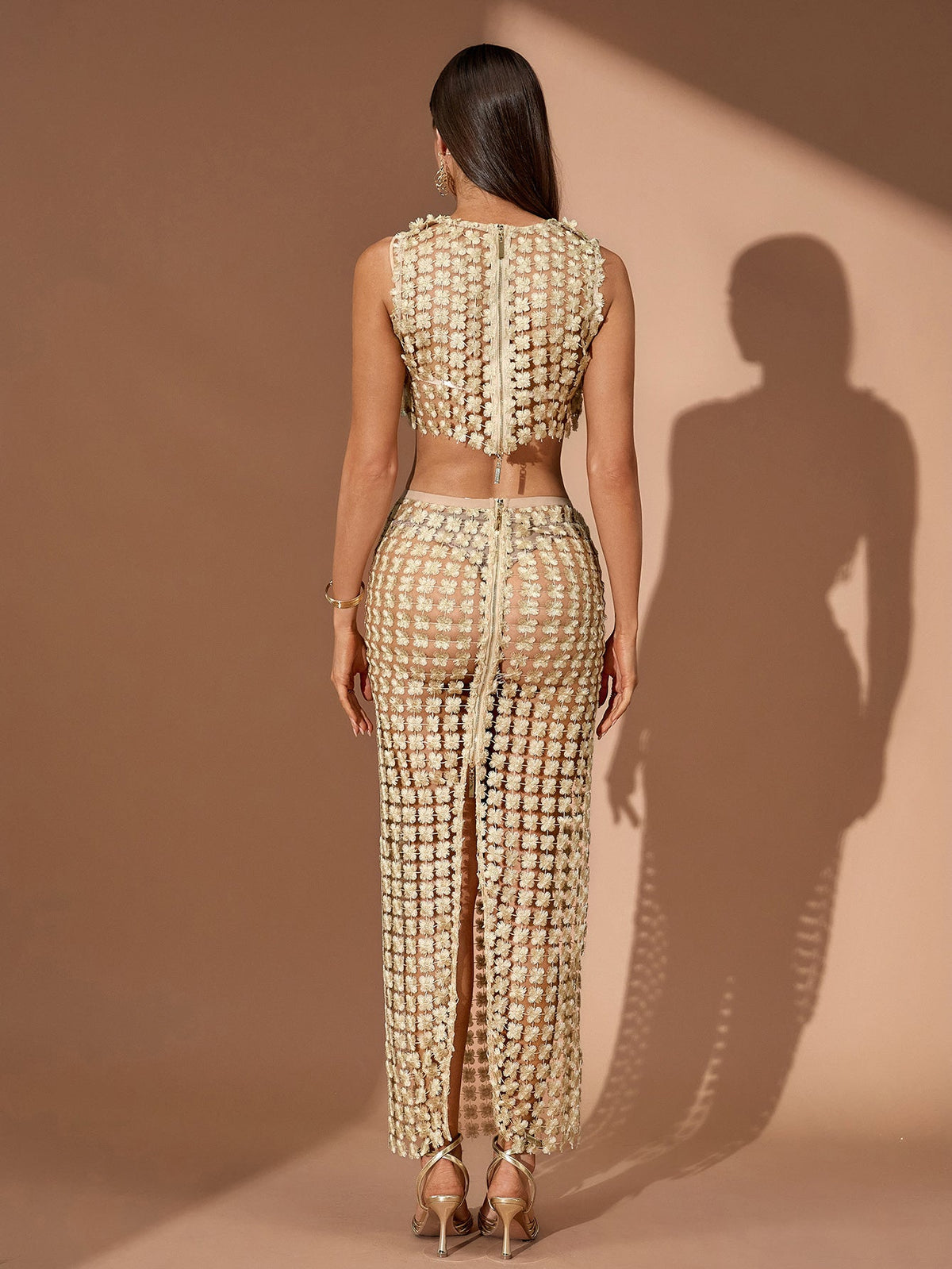 Embellished Mesh Crop Top Maxi Skirt Set, back view