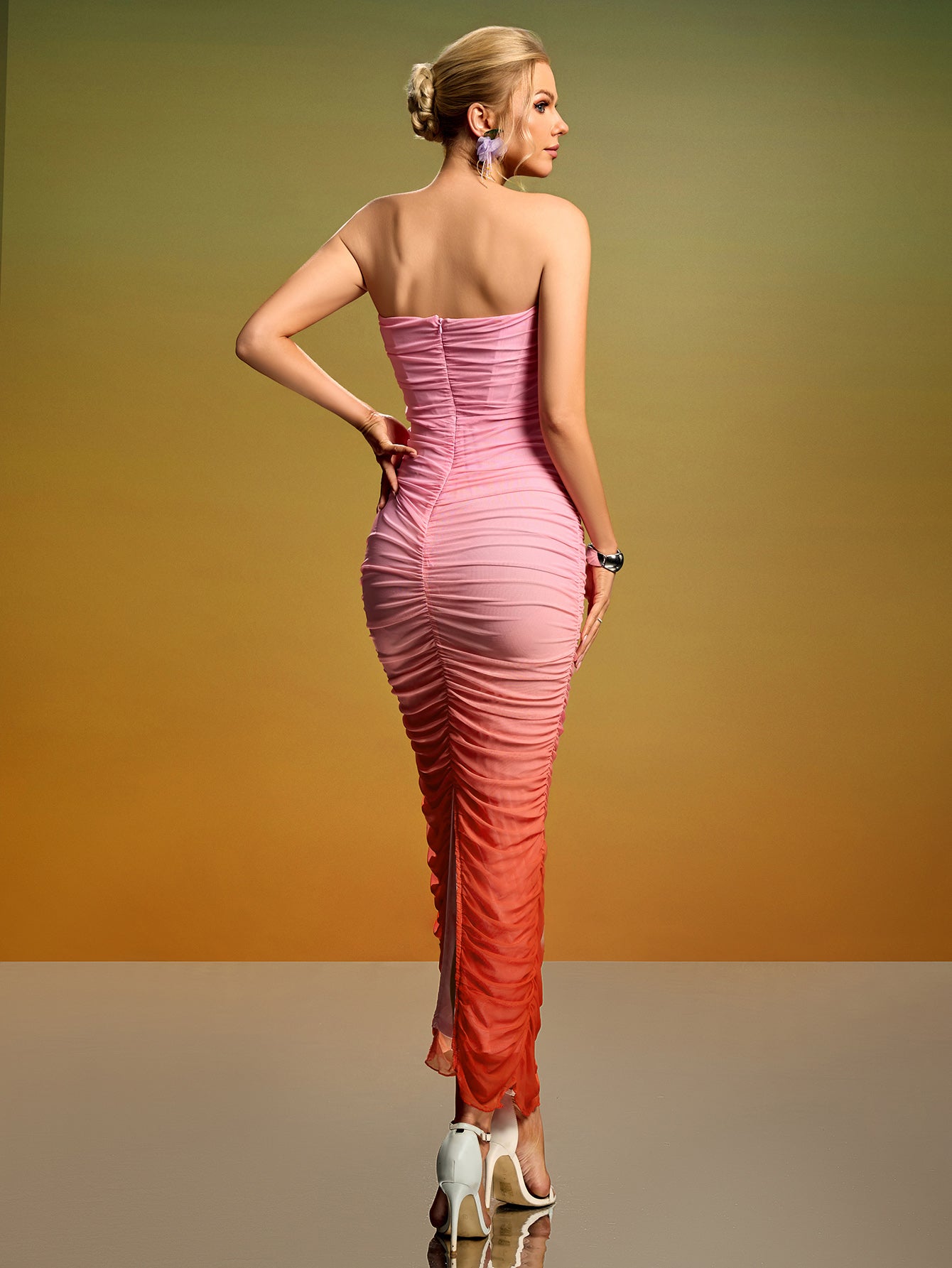Gradient Mesh Pleated Backless Dress