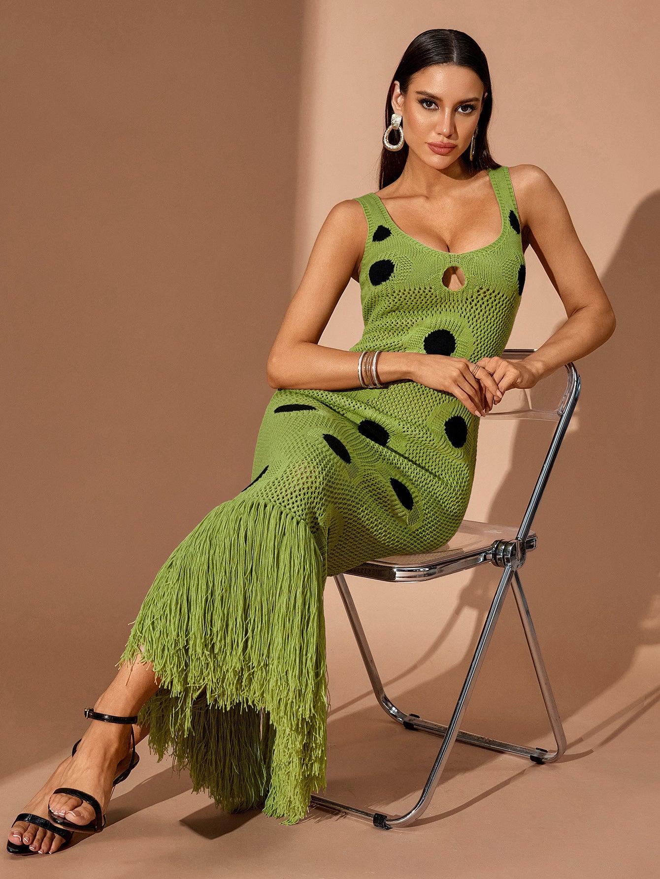 Tassel Hemline Cutout Knit Maxi Dress
