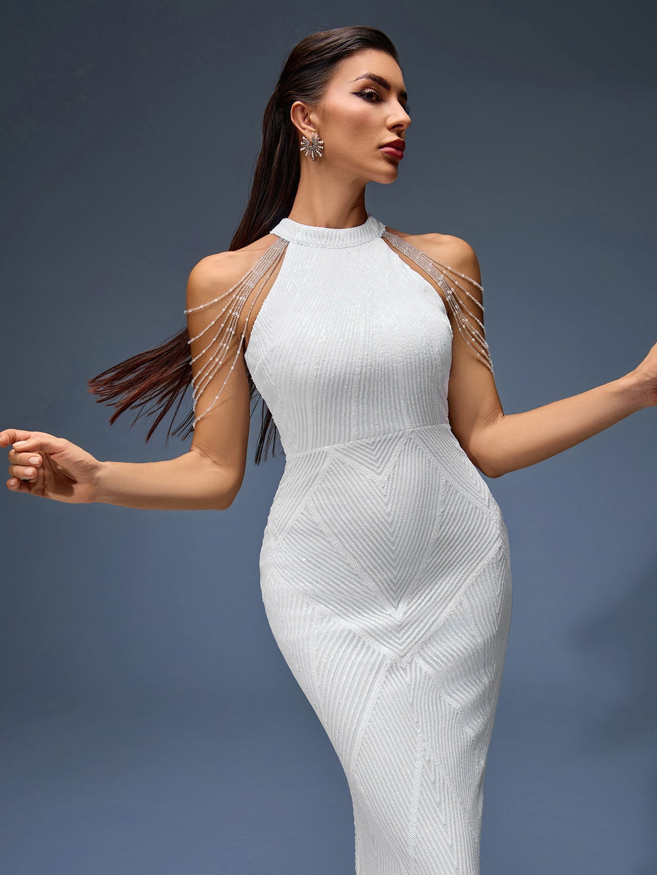Beaded Chain Fringe Evening Dress