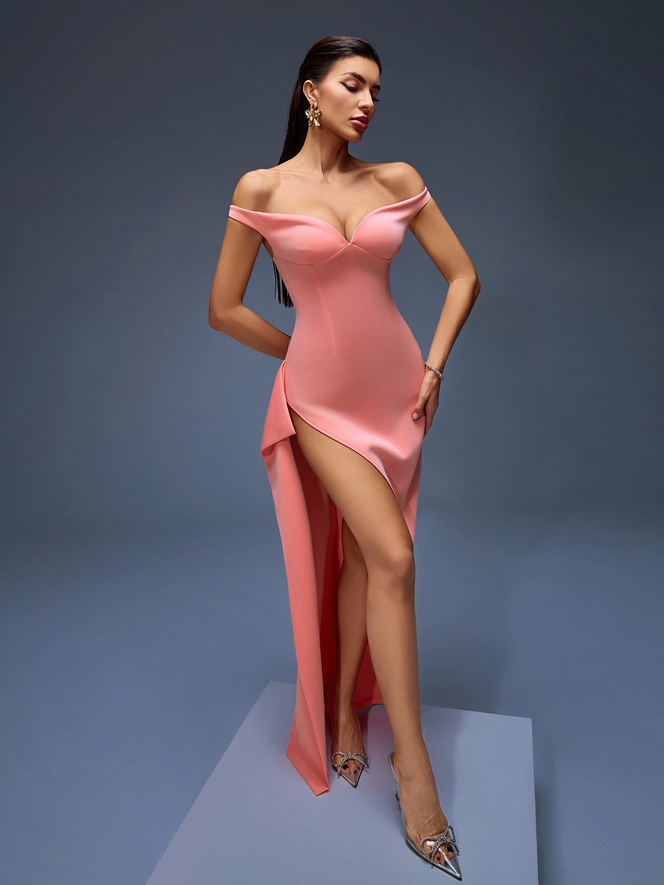 Off Shoulder Asymmetric Maxi Dress