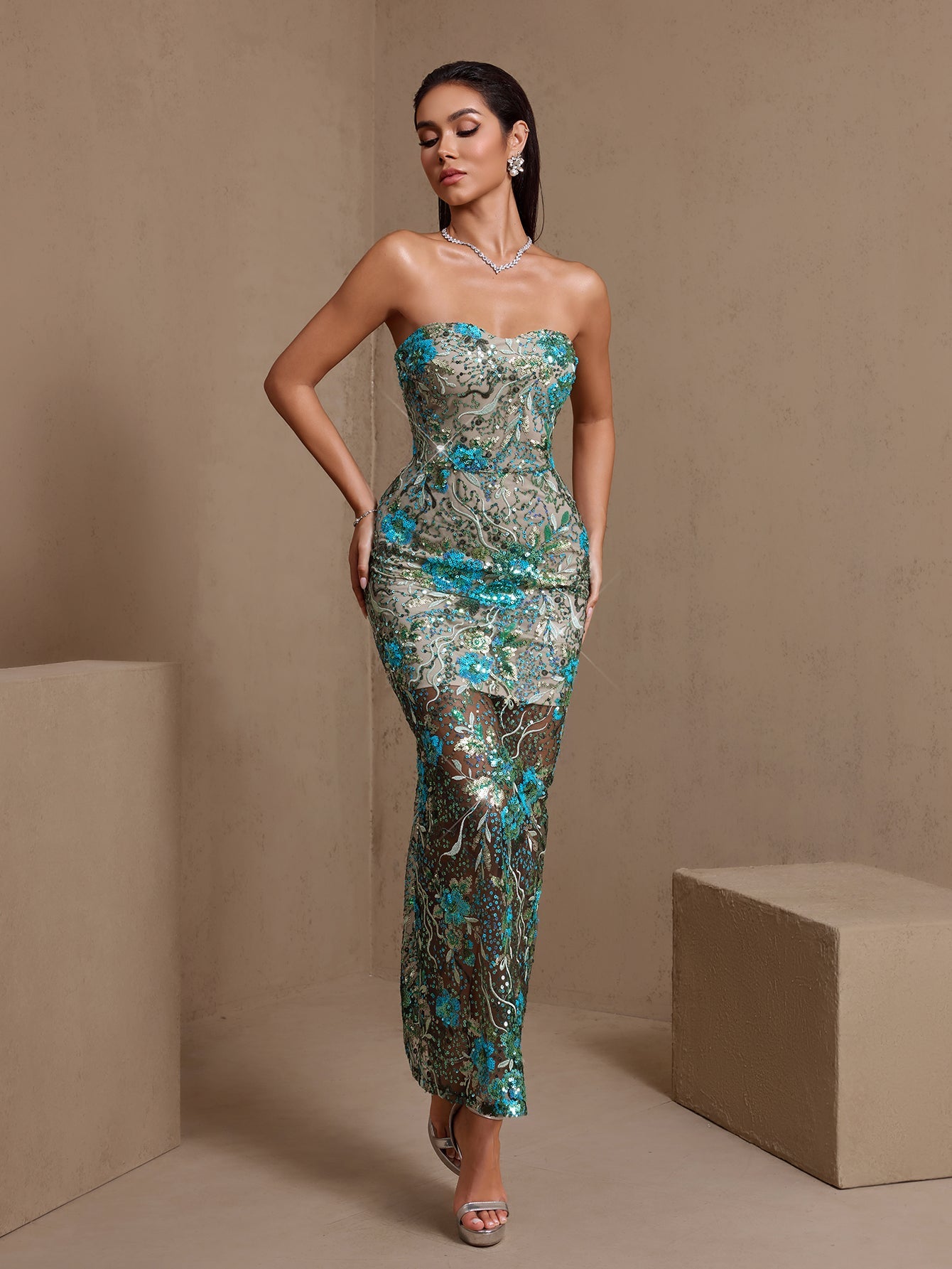 Dahlia Teal Sequin Floral Strapless Maxi Dress