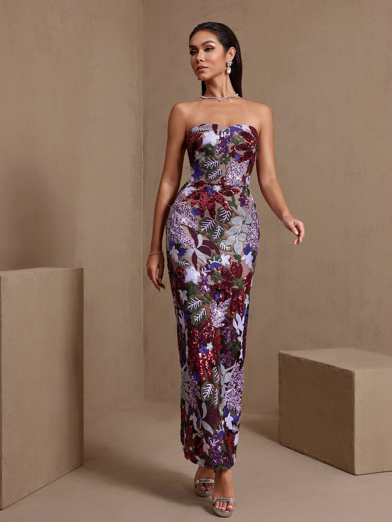 Dahlia Sequin Embroidered Strapless Maxi Dress
