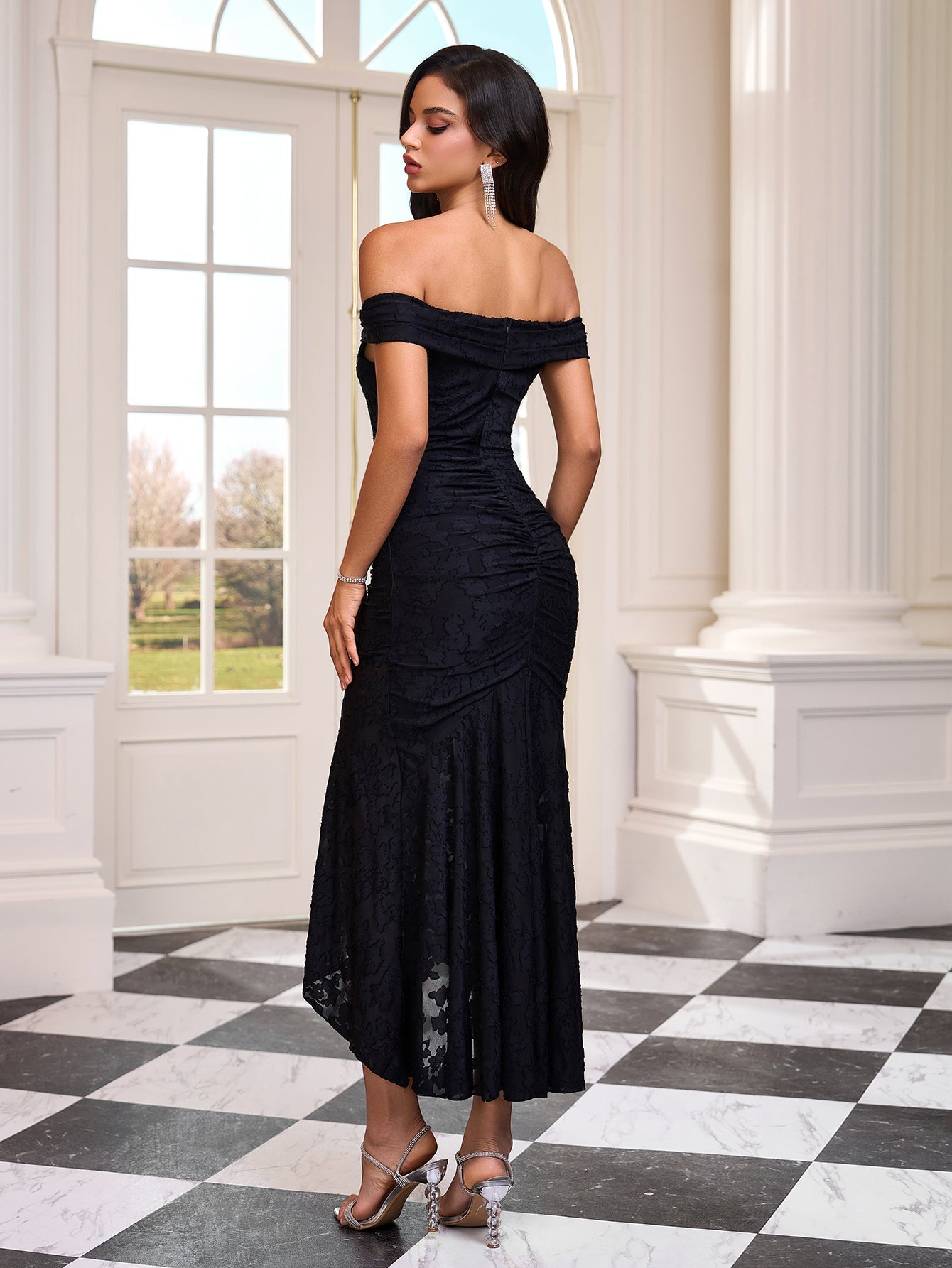Off Shoulder Lace Ruched Fishtail Dress