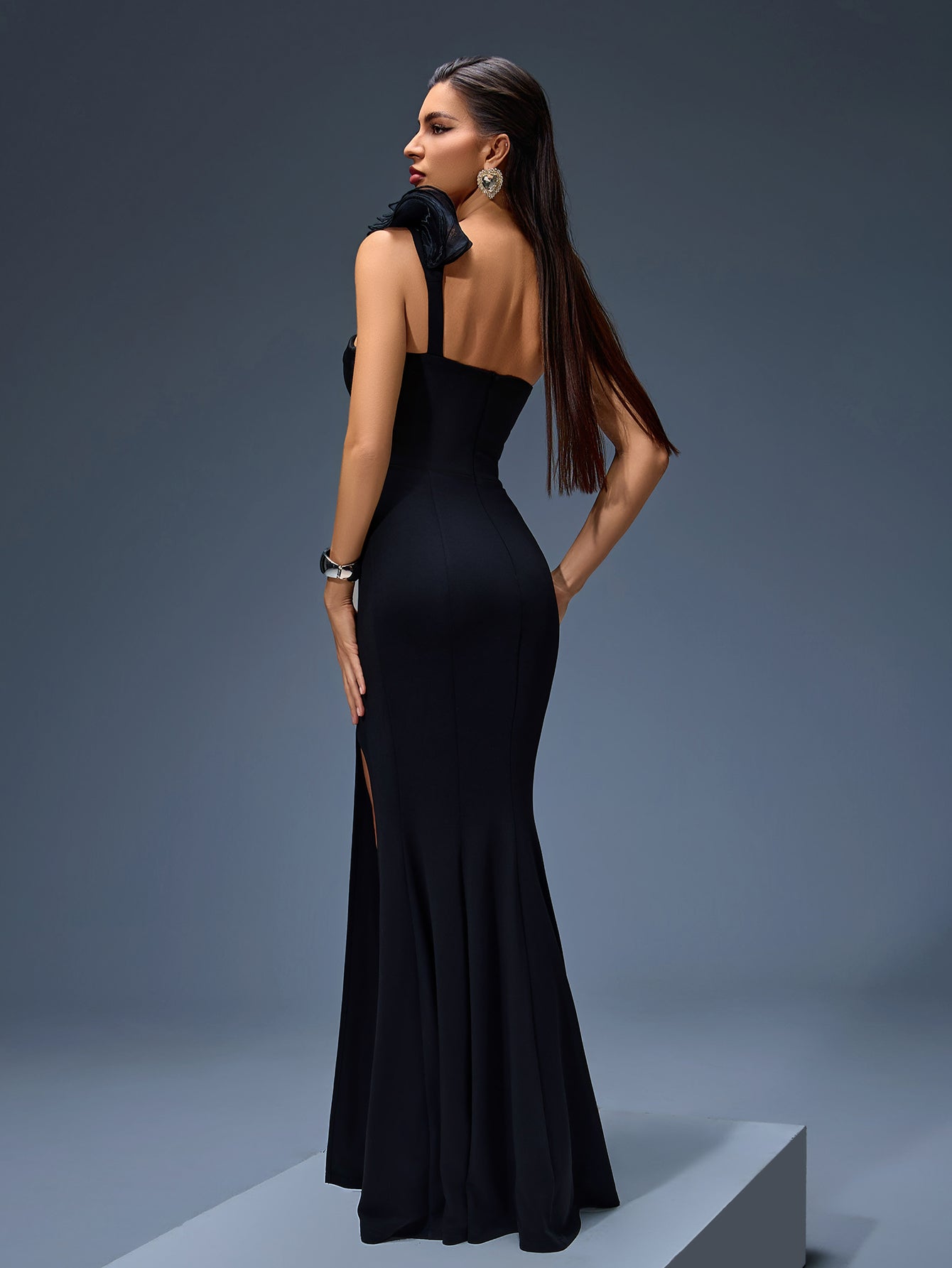 Ruffled Shoulder High-Slit Maxi Dress