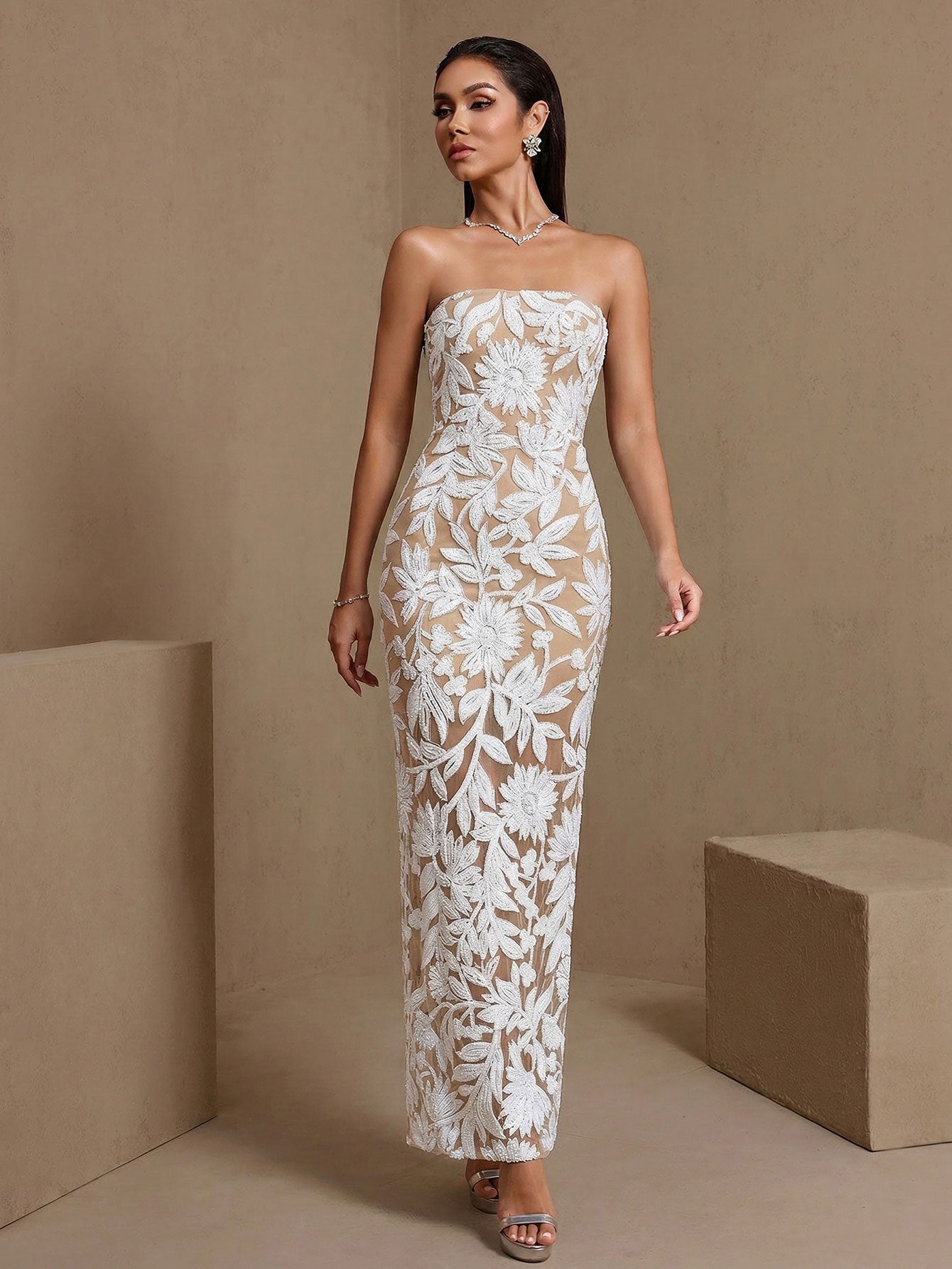 Luxury Sequin-Embroidered Bustier Maxi Dress