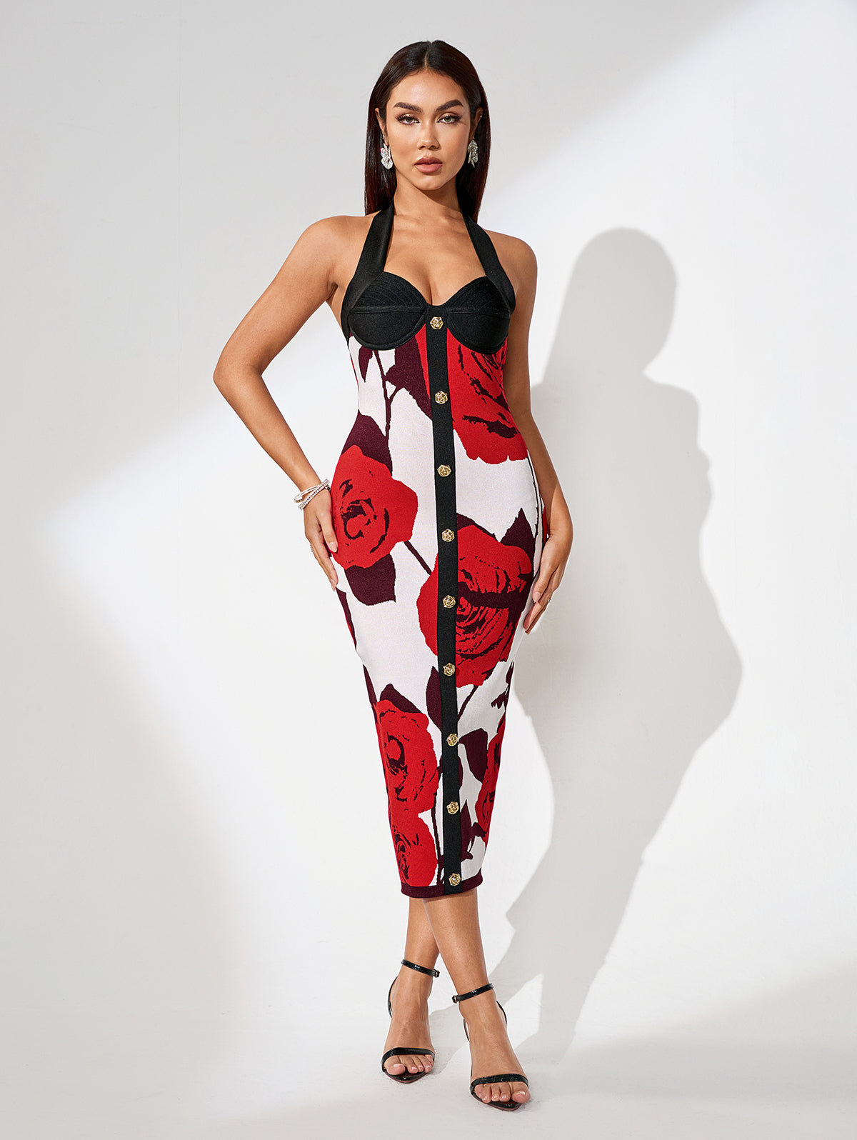 Button Front Floral Bandage Dress