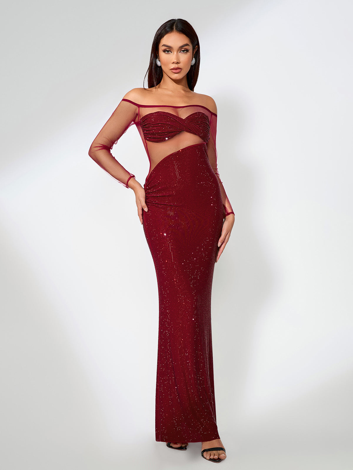 Mesh Splicing Rhinestone Asymmetric Dress