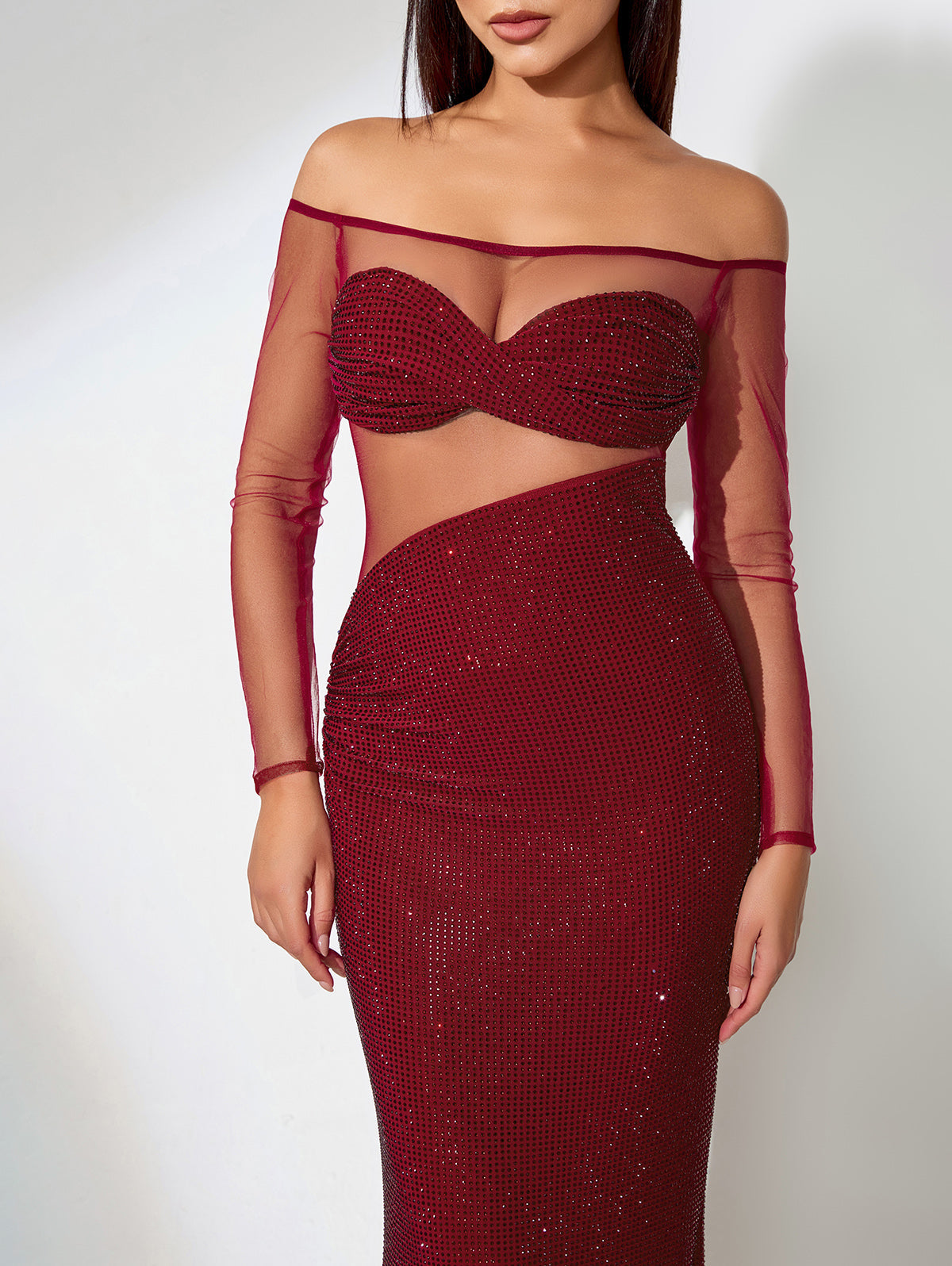 Mesh Splicing Rhinestone Asymmetric Dress