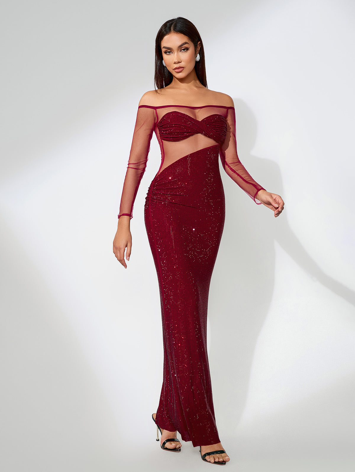 Mesh Splicing Rhinestone Asymmetric Dress
