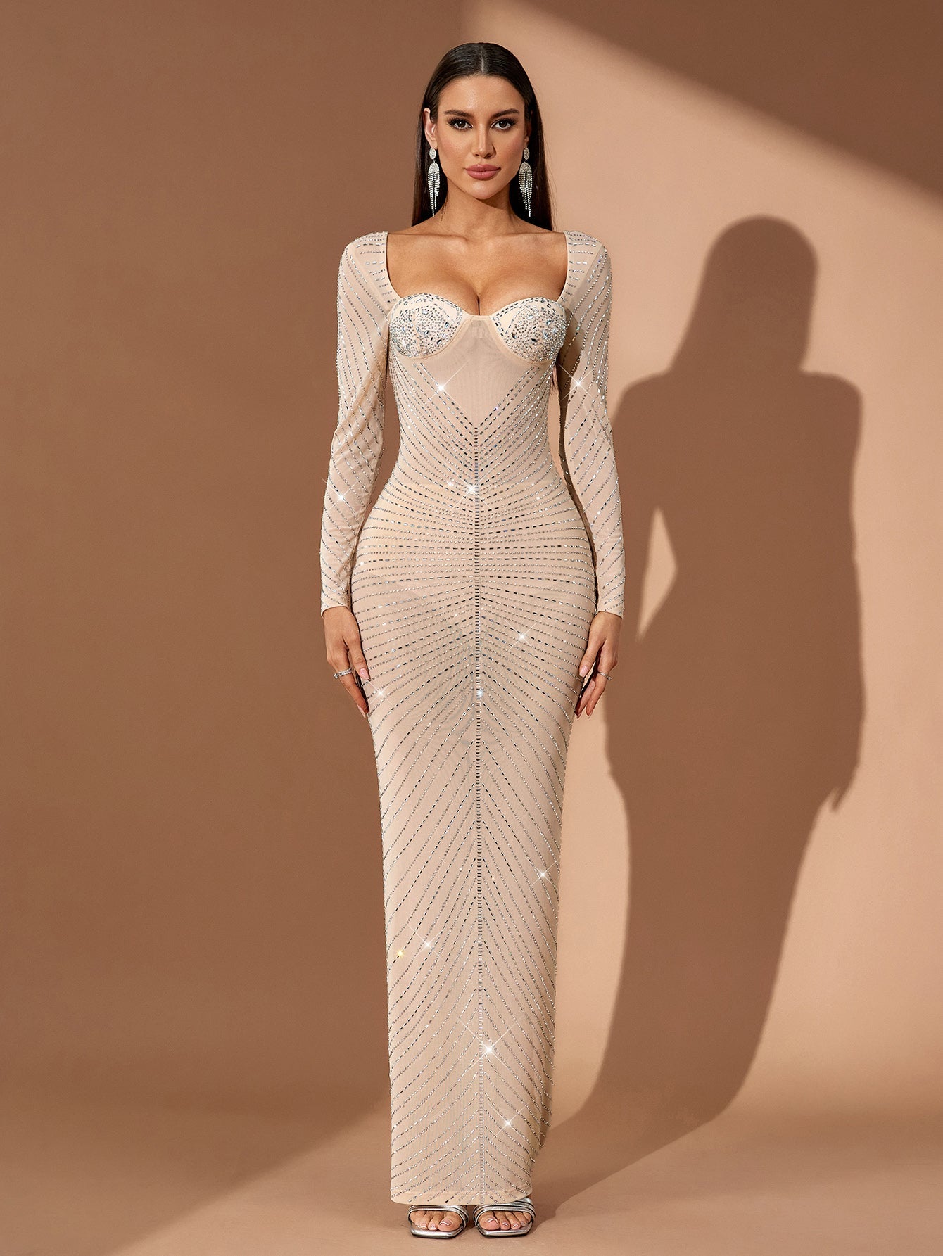 Rhinestone Embellished Mesh Maxi Dress