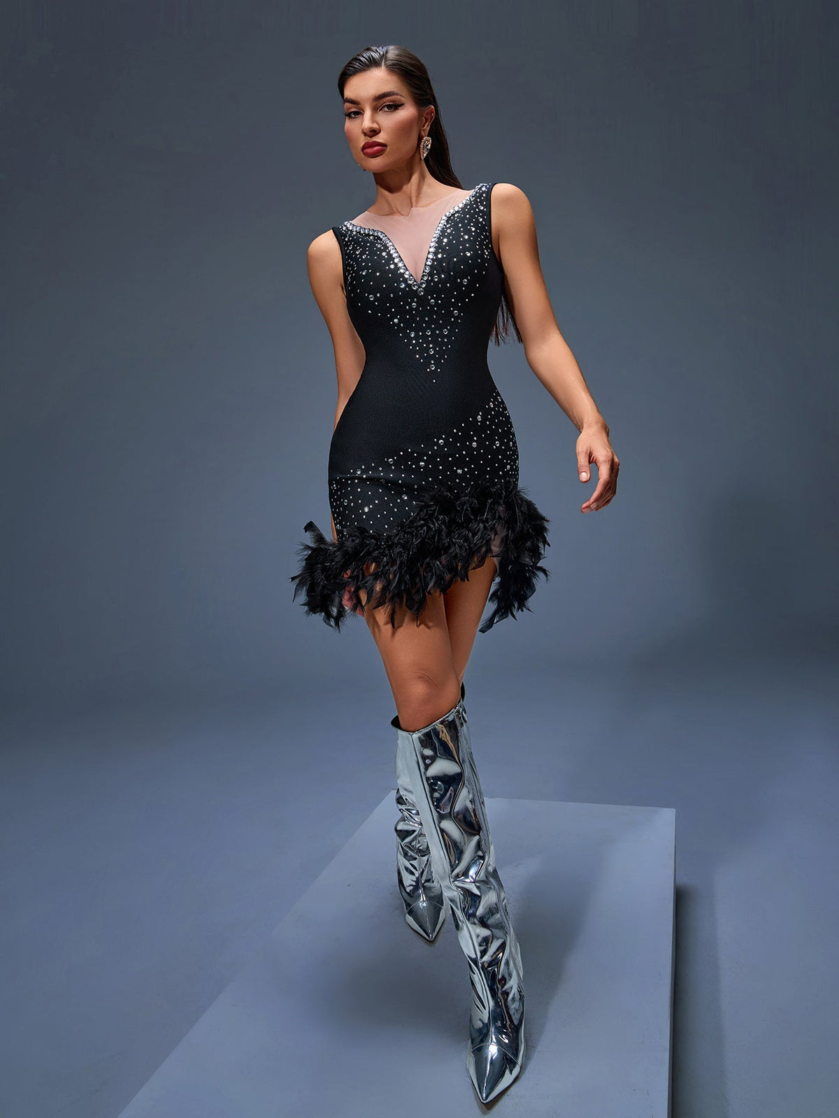 Feather Embellished Low Cut Bandage Dress, back detail view