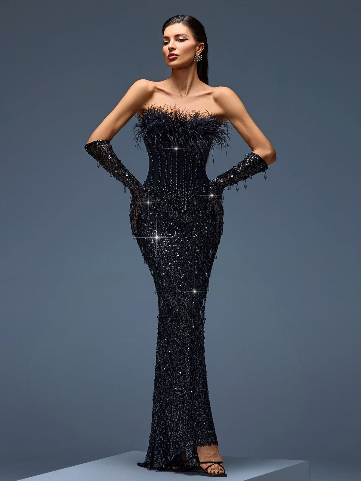 Feather Sequin Corset Evening Gown with Gloves, front view