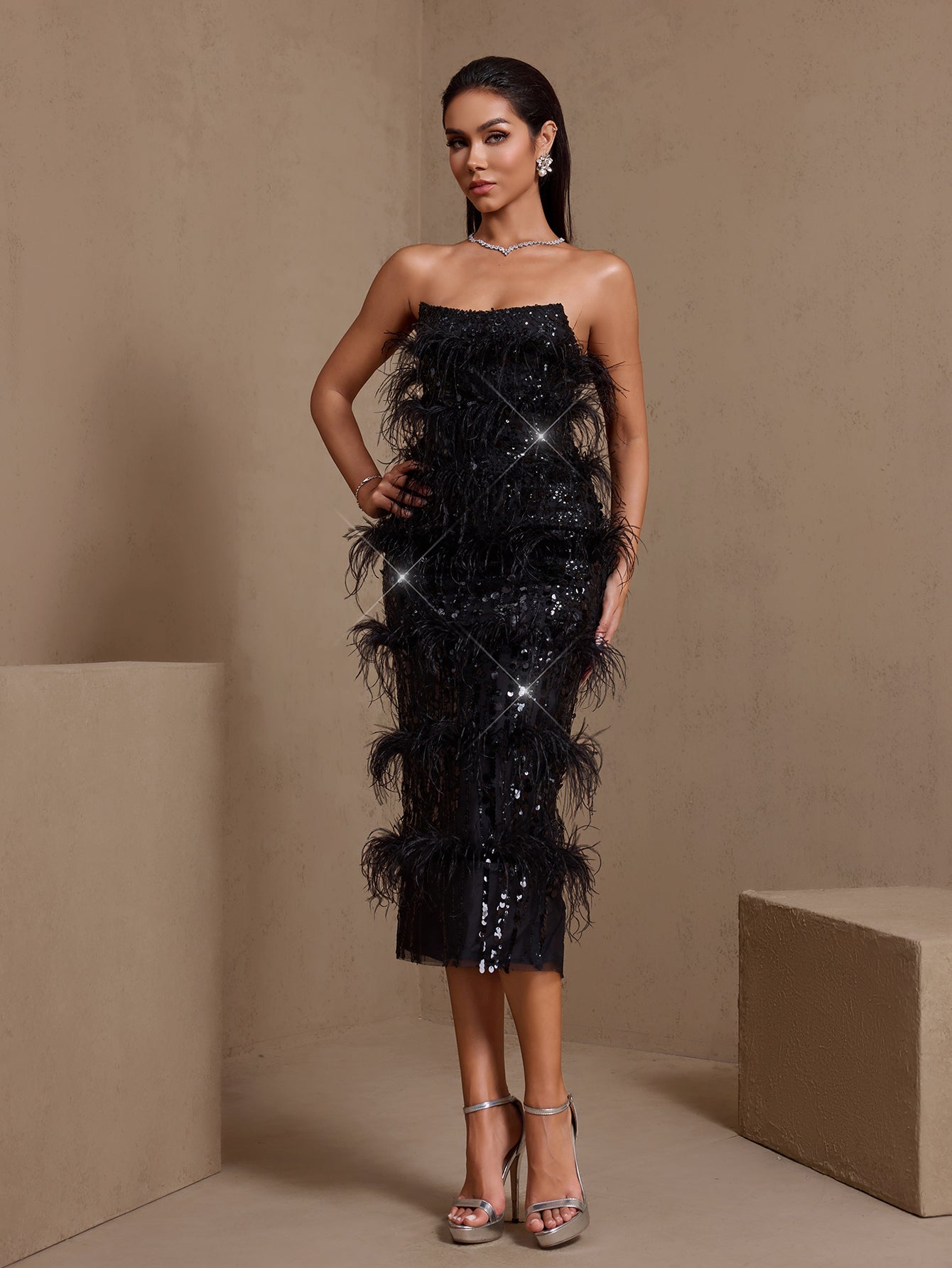 Black feathered sequin strapless midi dress, full-length front view
