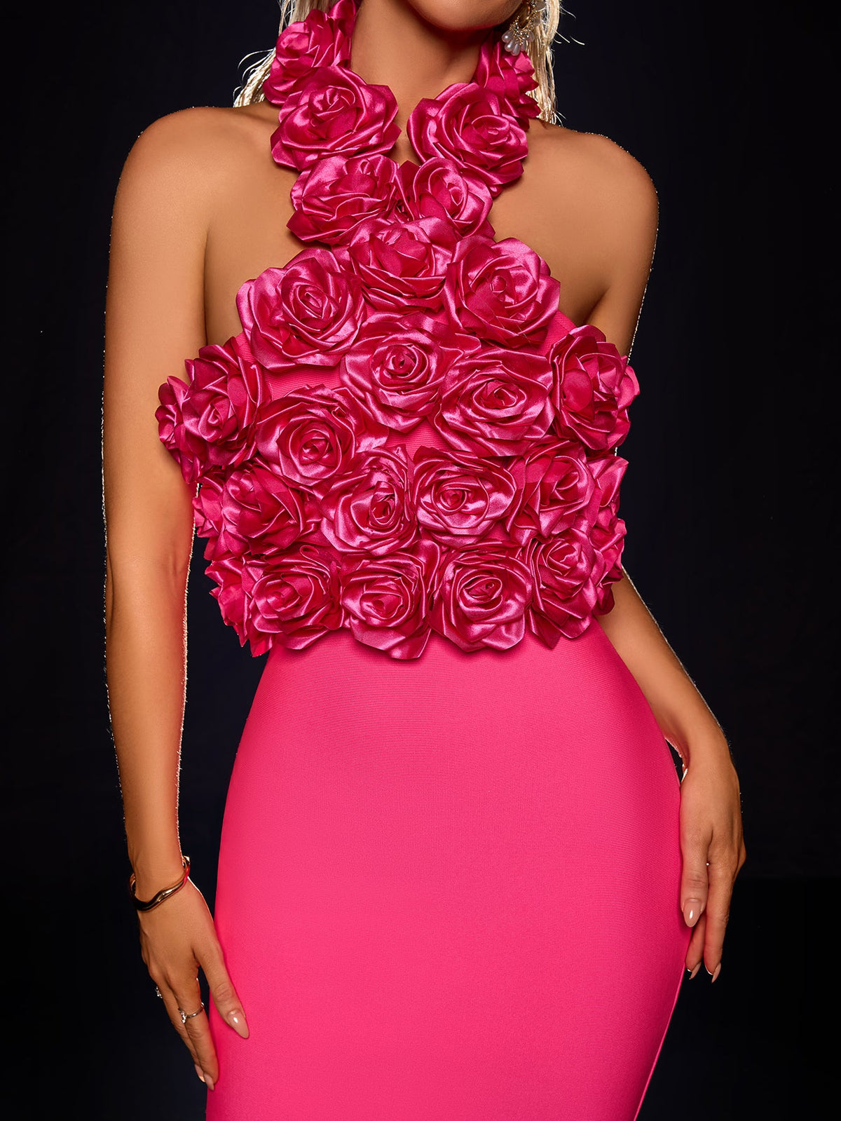 Rose red floral appliqué halter midi dress, bodice detail