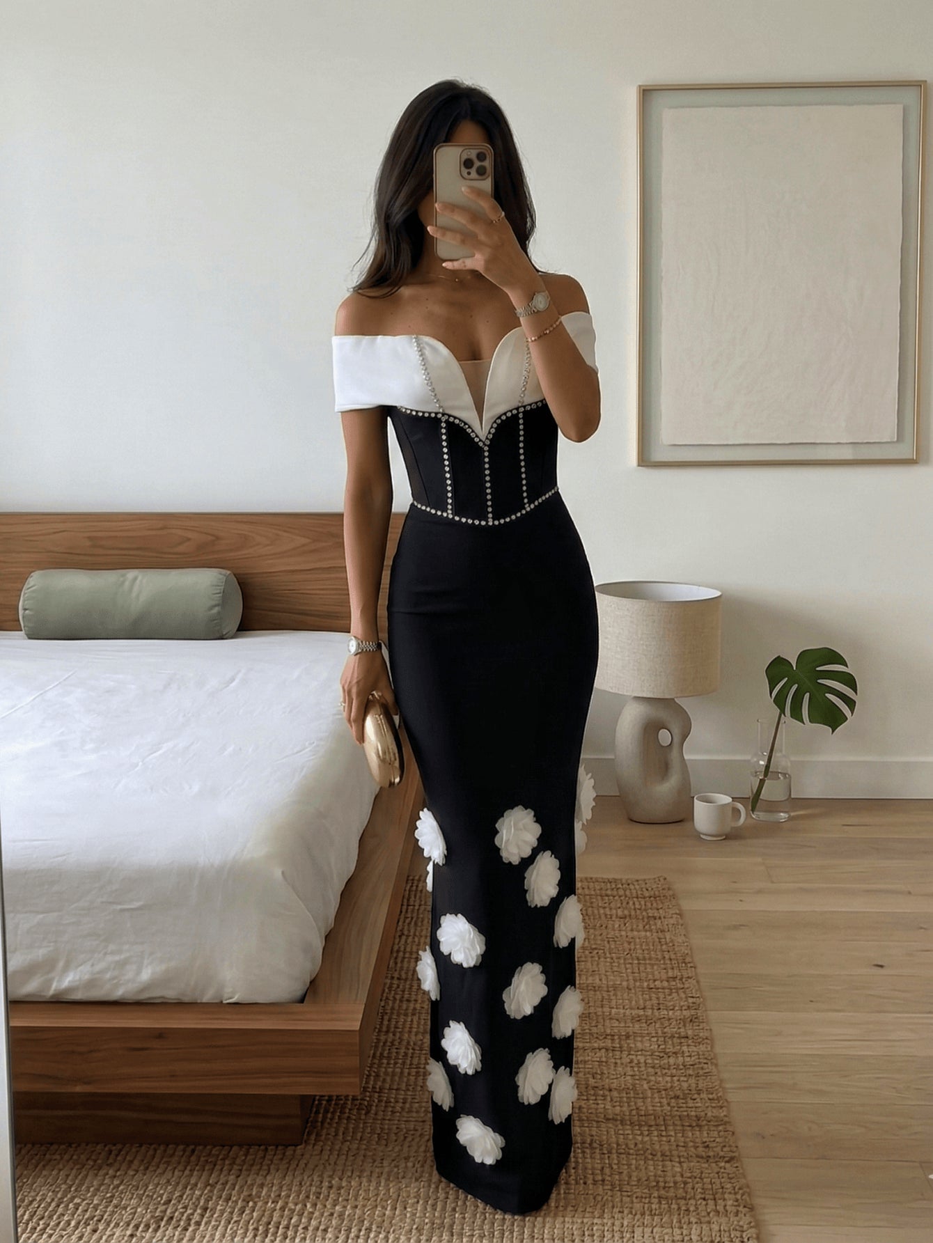 Black floral chain off-shoulder bandage maxi dress, lifestyle mirror view