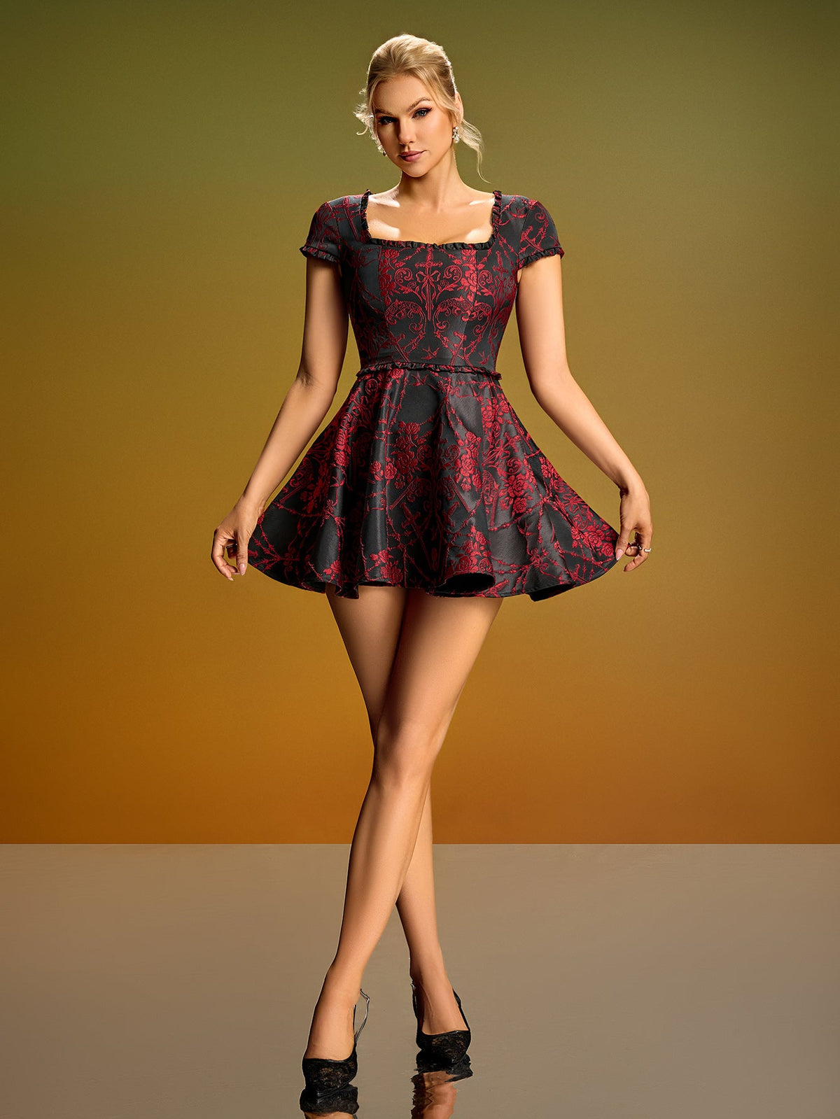 Floral Embroidered A-Line Mini Dress, front view