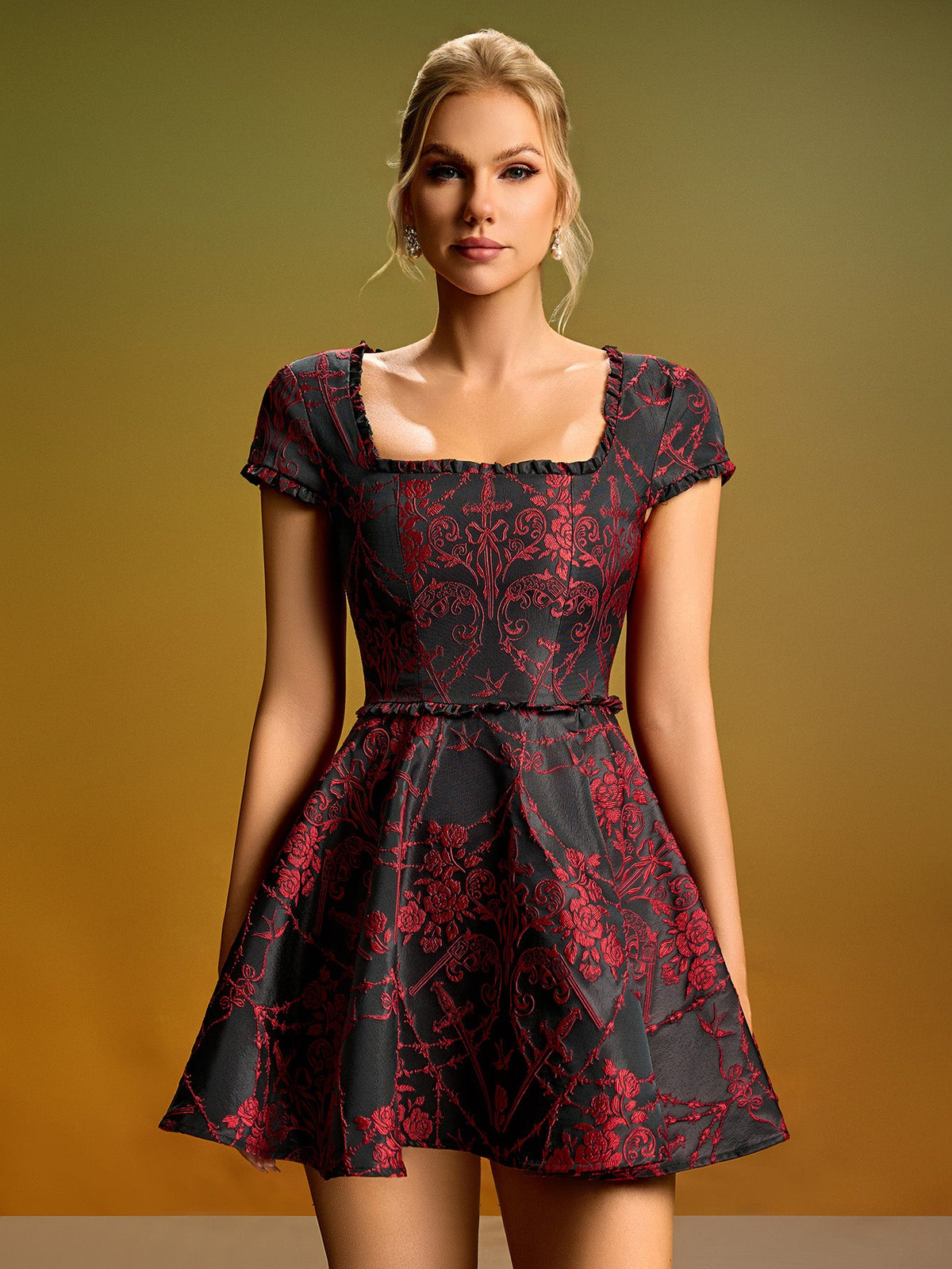 Floral Embroidered A-Line Mini Dress, front full-length view