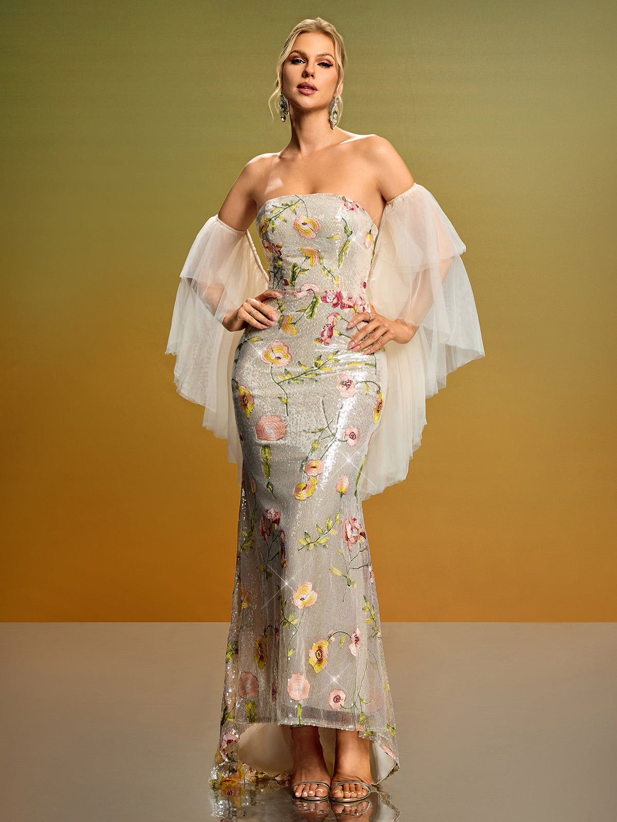 Floral Embroidered Fishtail Evening Gown, front full-length view