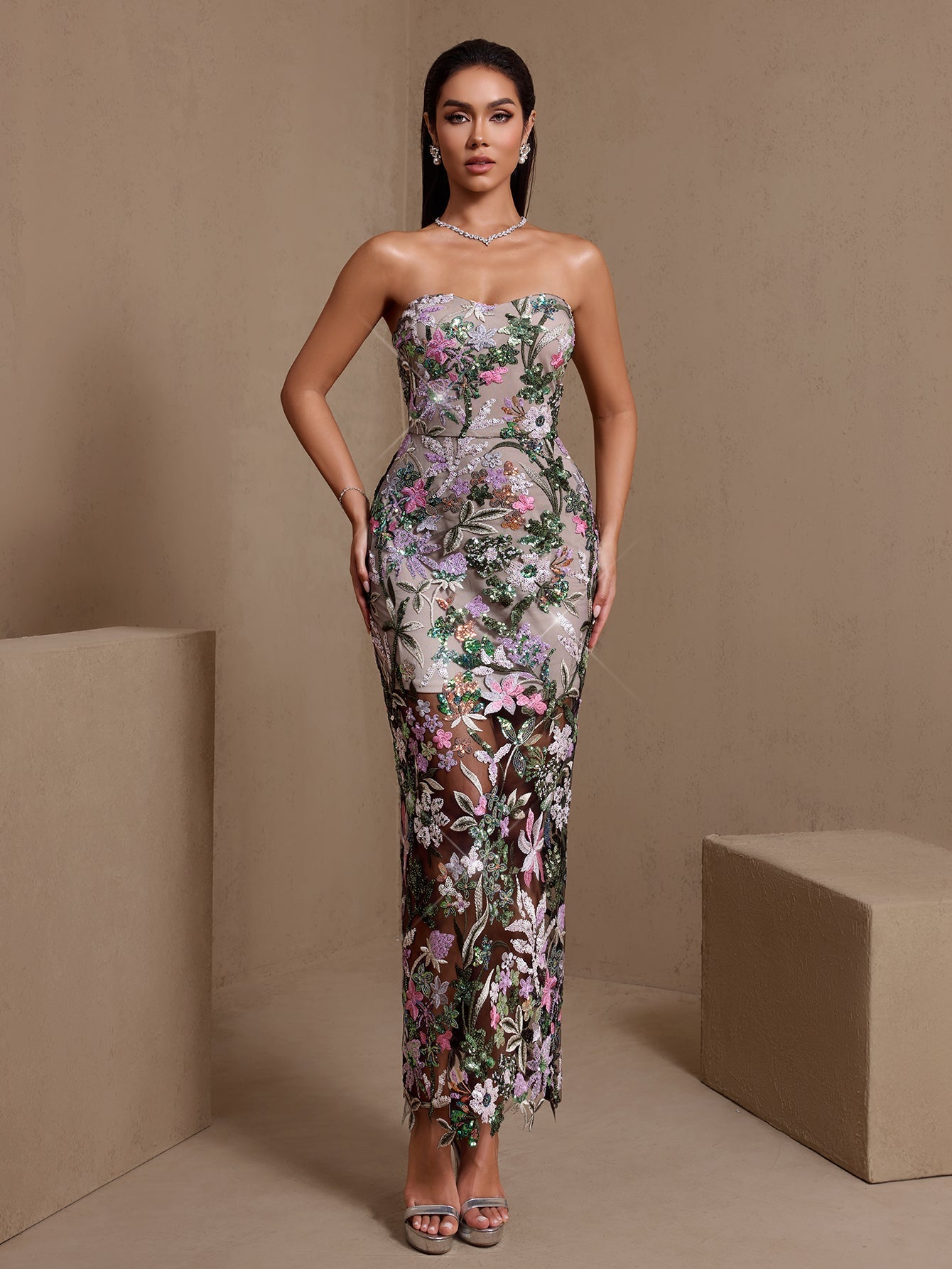 Green and pink floral embroidered strapless sequin maxi dress, front view