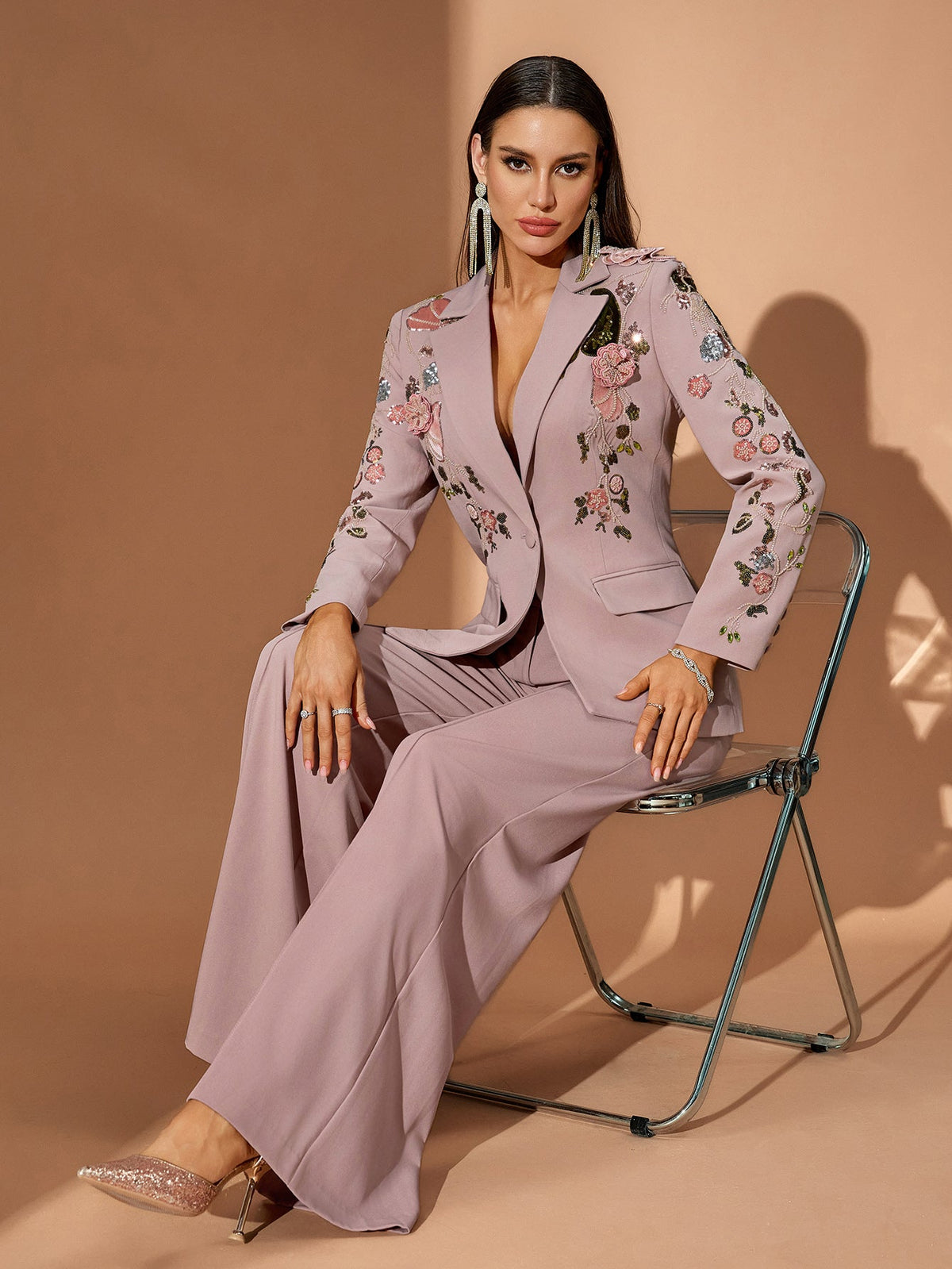 Floral Embroidered Tailored Pantsuit, three-quarter view