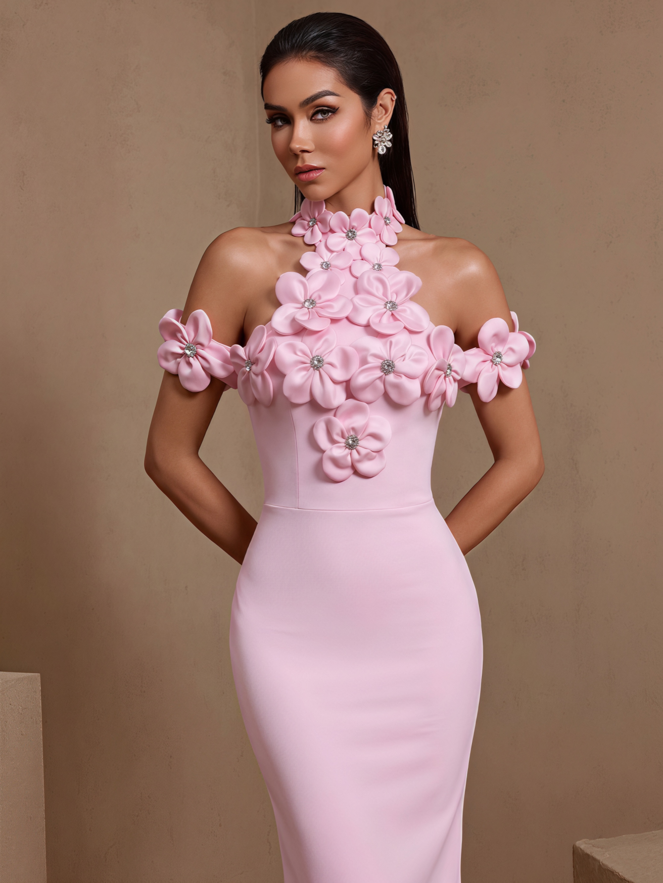 Pink floral halter bandage maxi dress, floral bodice detail