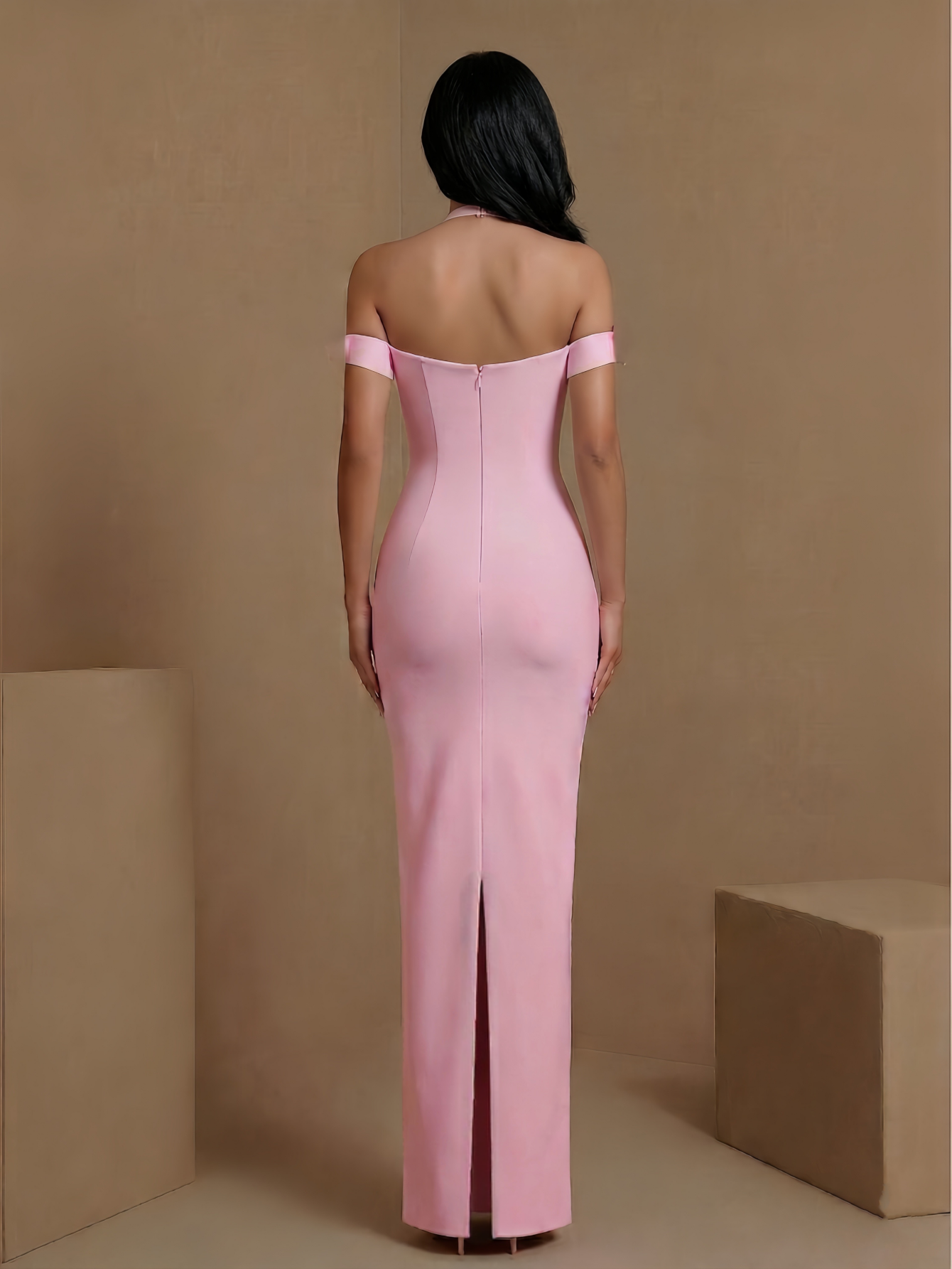 Pink floral halter bandage maxi dress, rear view