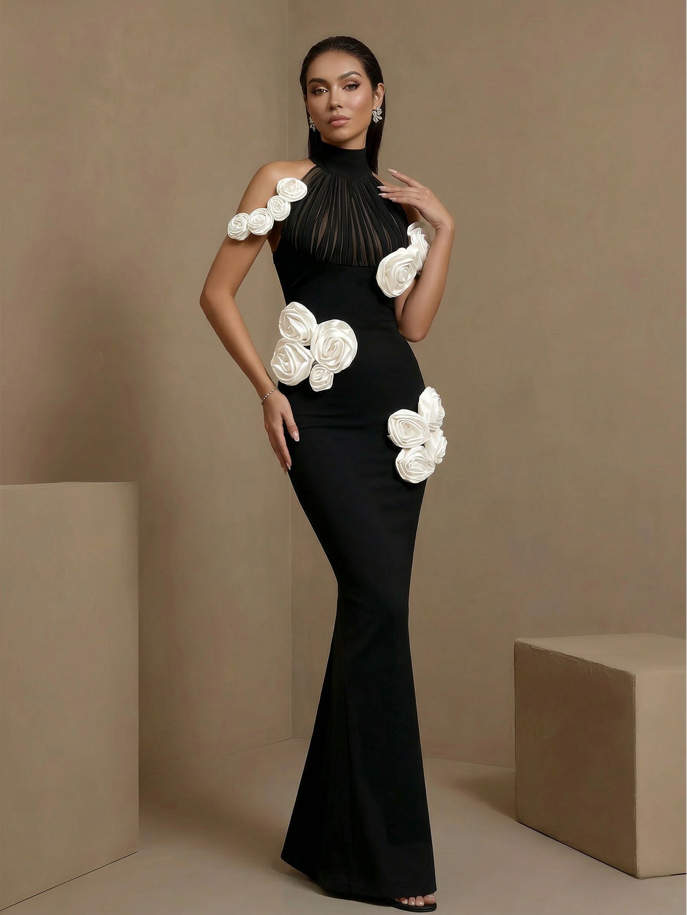 Black floral halter cutout bandage maxi dress, full-length front view