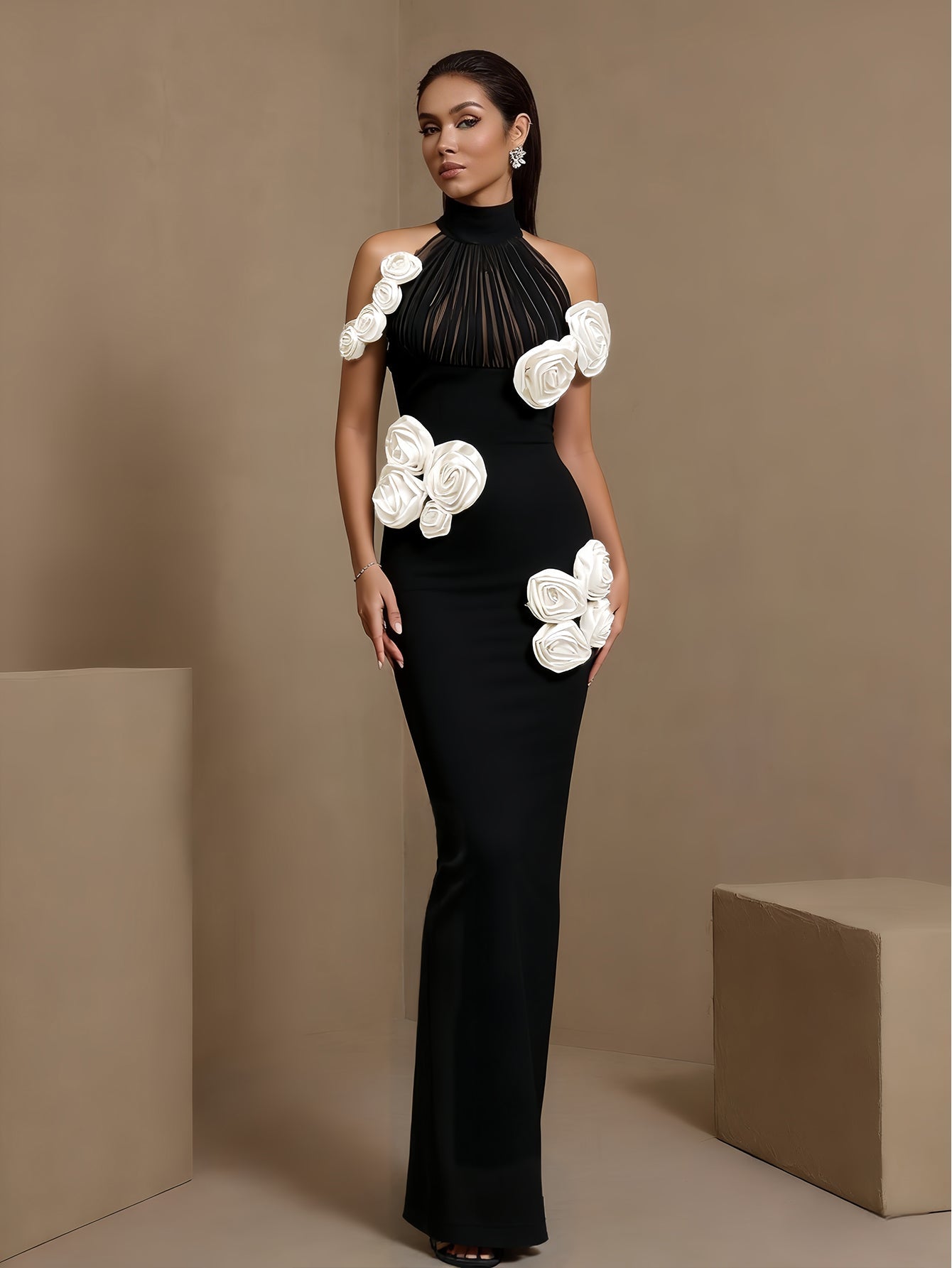 Black floral halter cutout bandage maxi dress, angled front view
