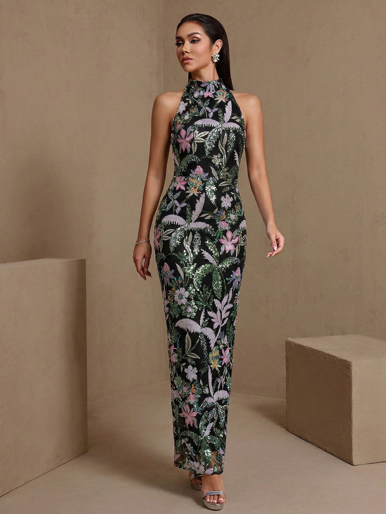Black floral halter sequin-embroidered maxi dress, full front view