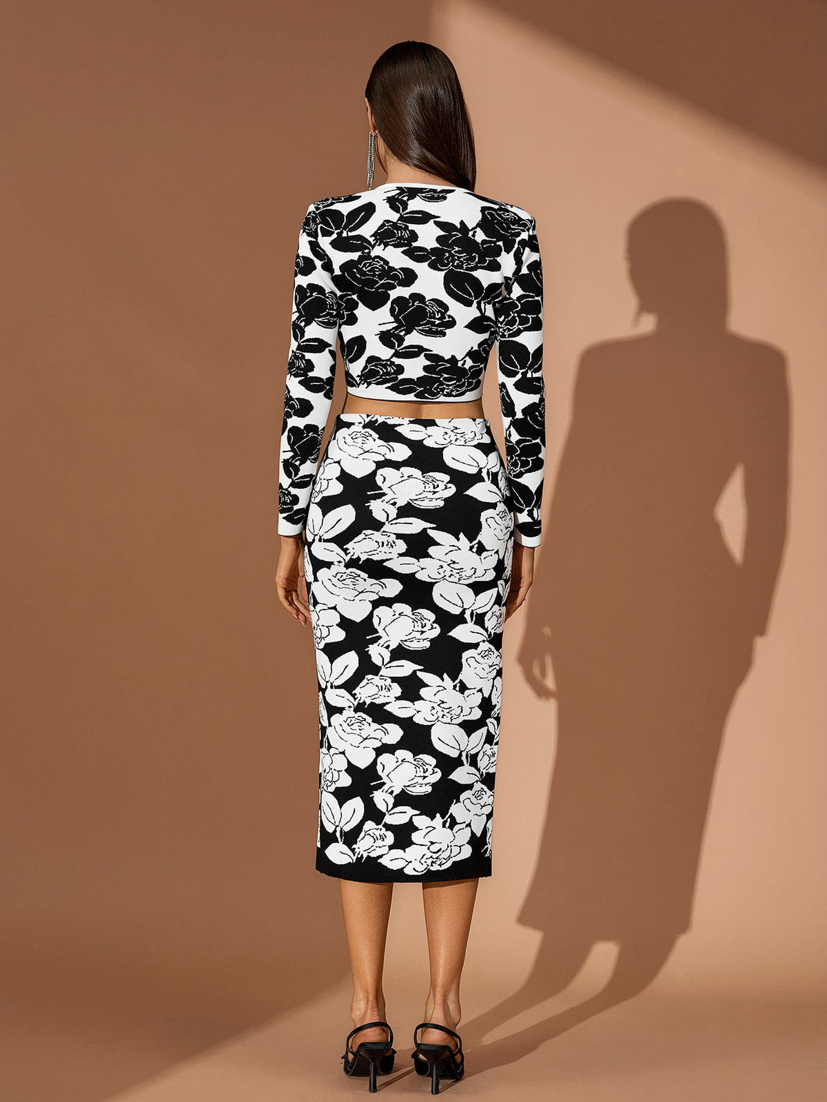 Floral Jacquard Crop Top Midi Skirt Set, back view