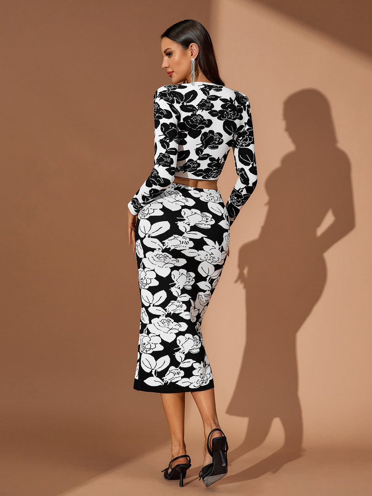 Floral Jacquard Crop Top Midi Skirt Set, full-length styling view