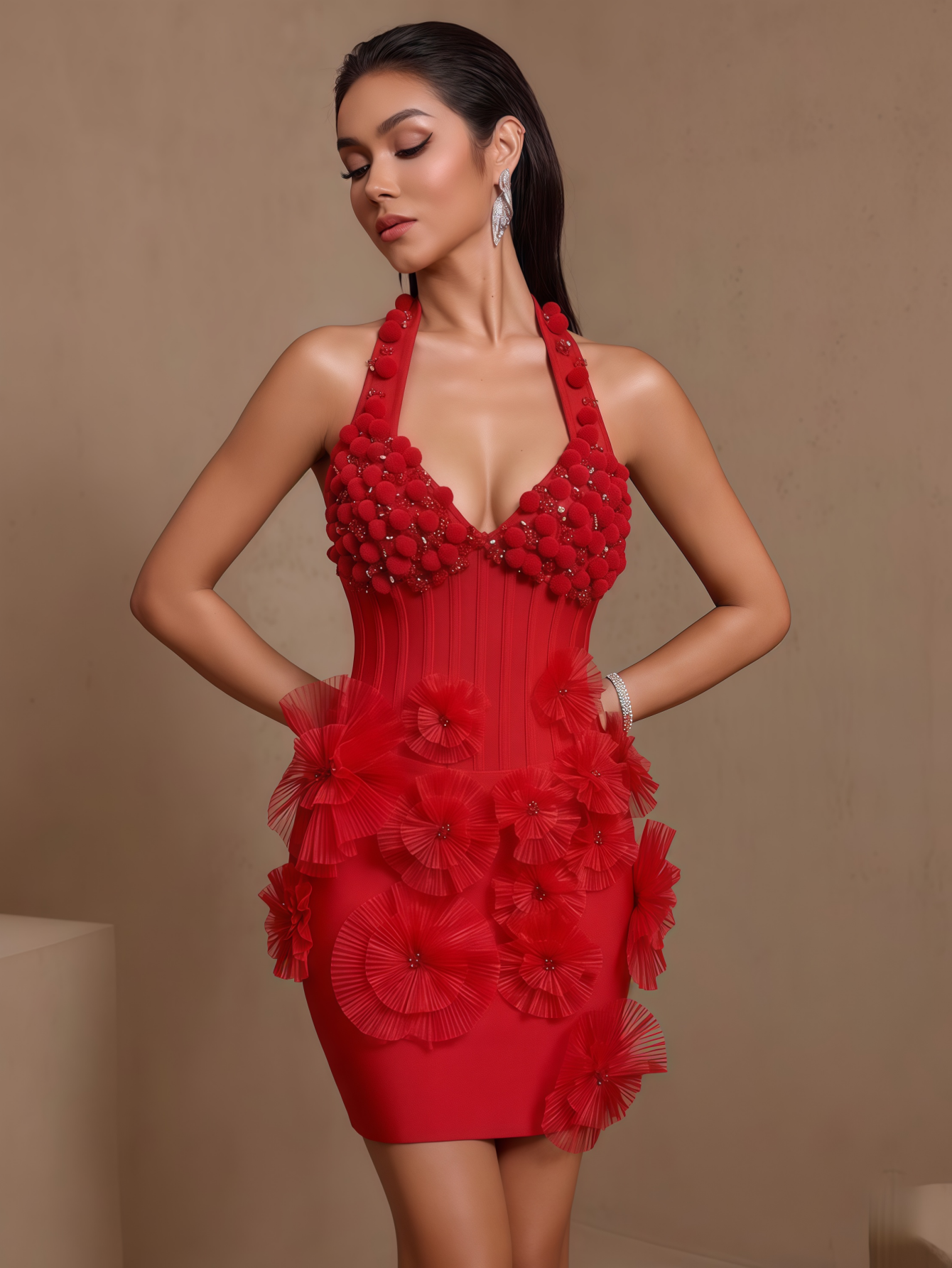 Red floral pom-pom halter bandage mini dress, floral bodice detail