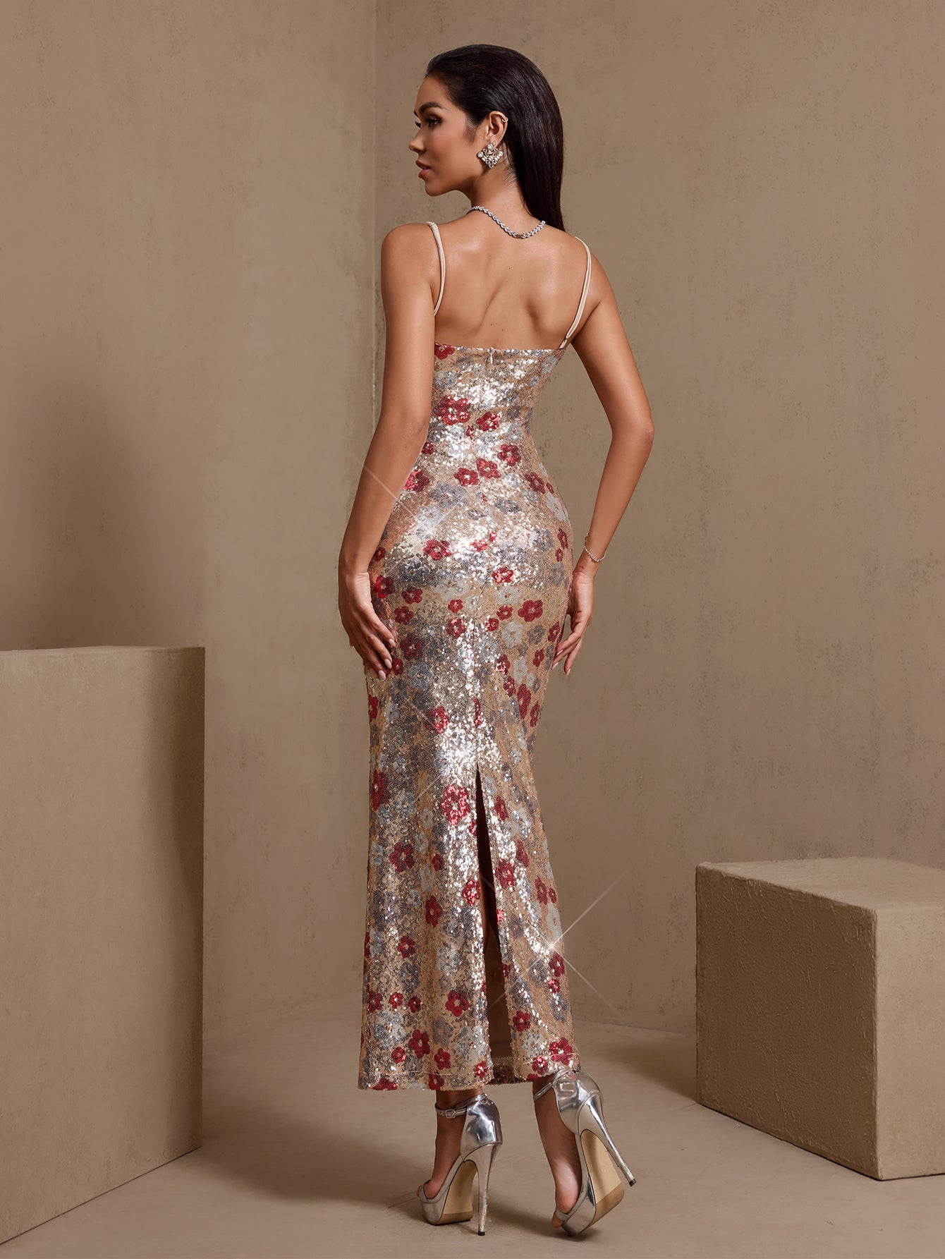 Gold floral sequin slip maxi dress, rear view