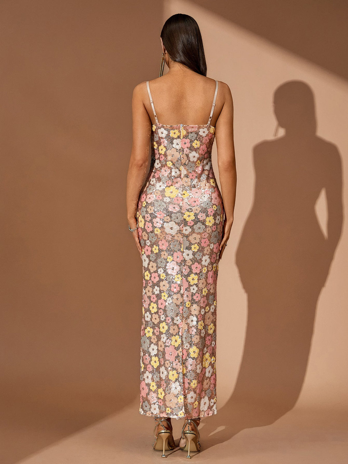 Floral Sequin Strappy Column Maxi Dress, back view