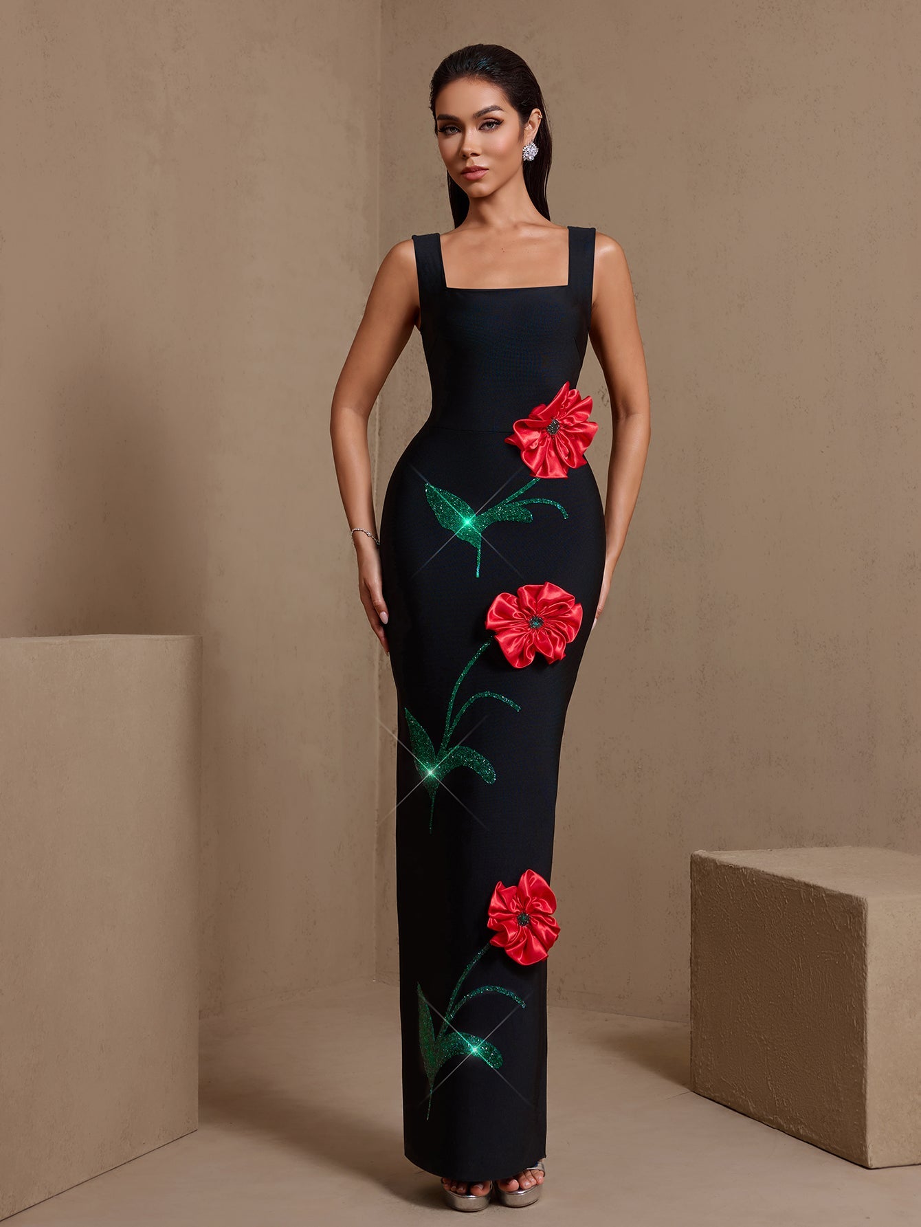 Black floral square-neck bandage maxi dress, full front view