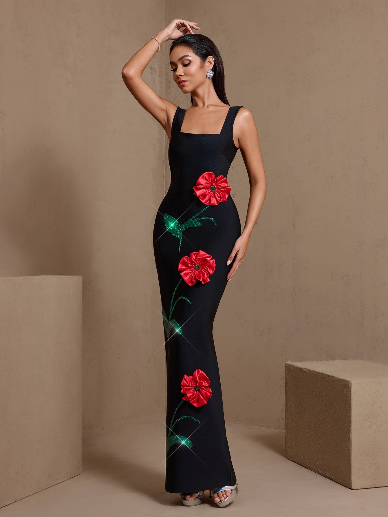 Black floral square-neck bandage maxi dress, angled front view