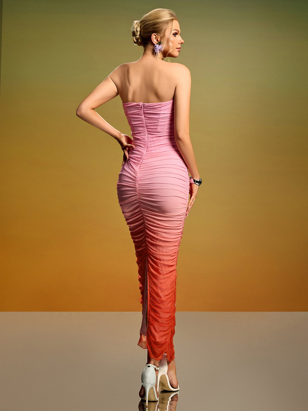 Gradient Mesh Pleated Backless Dress, side view