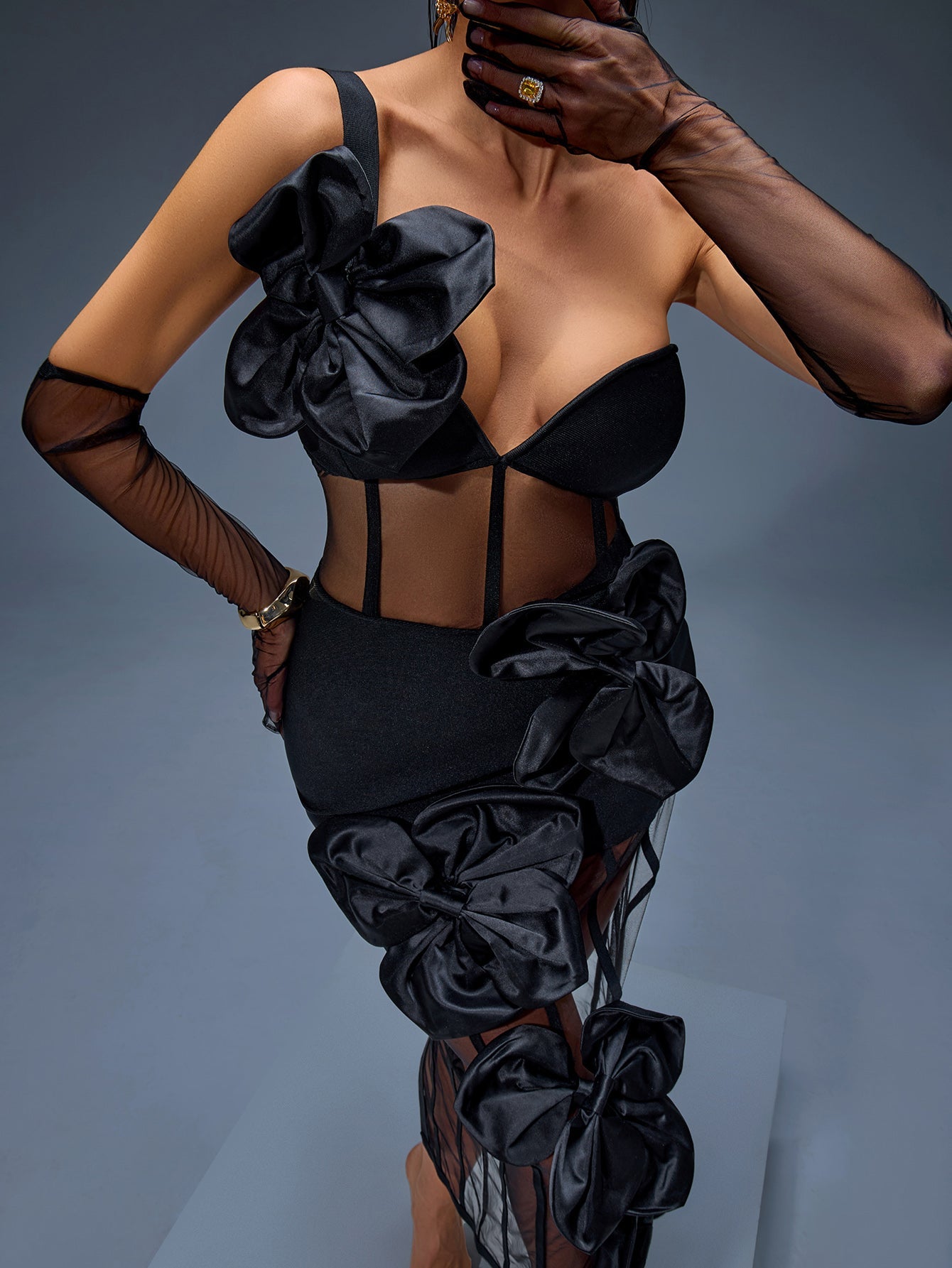 One Shoulder Bow-Floral Mesh Dress