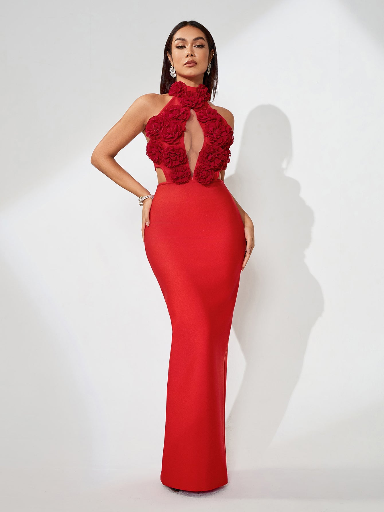3D Flowers Hollow-Out Bandage Maxi Dress