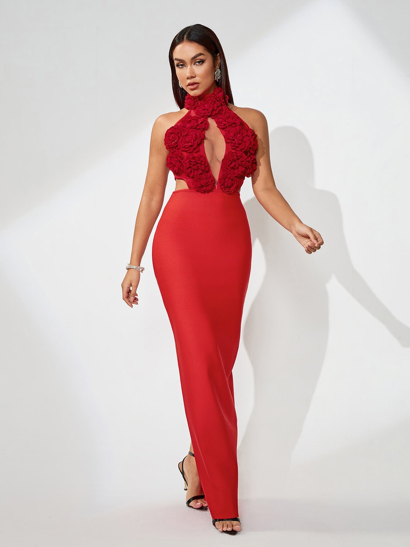 3D Flowers Hollow-Out Bandage Maxi Dress