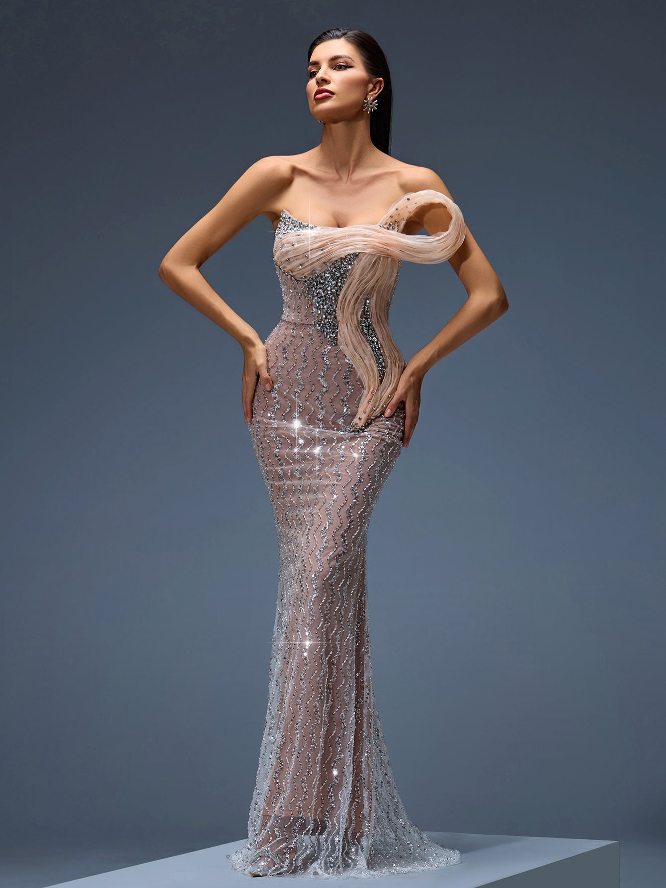 Rhinestone Ripple Ruffled Maxi Gown
