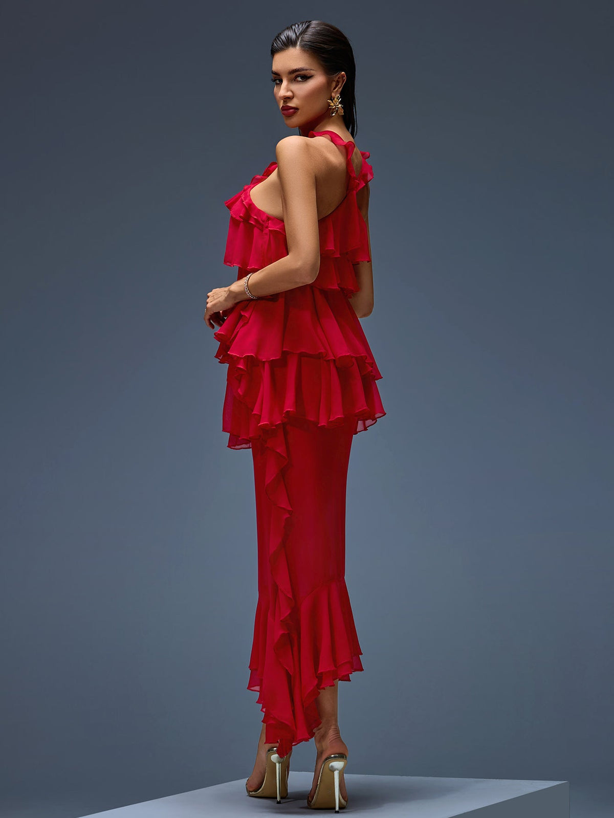Halter Chiffon Ruffle Tiered Midi Dress, detail view