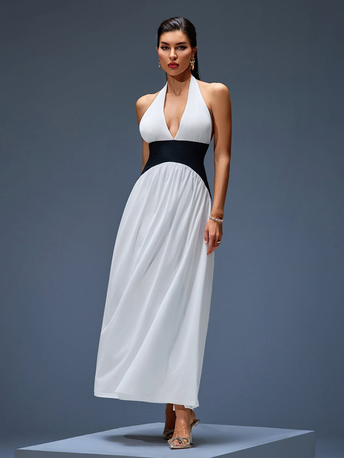 Halter Contrast Corset Maxi Dress, front view