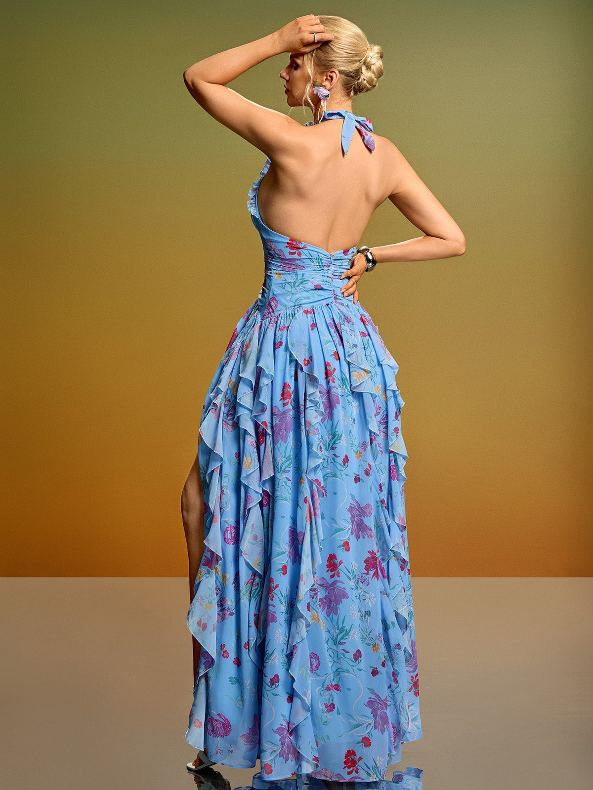 Halter Floral Ruffle Backless Maxi Dress, side view